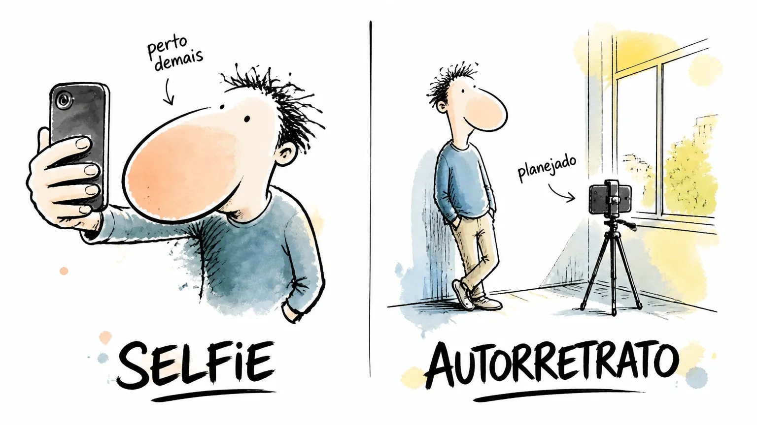 Comparação entre selfie de braço esticado que distorce o rosto e autorretrato planejado com o celular no tripé perto da janela
