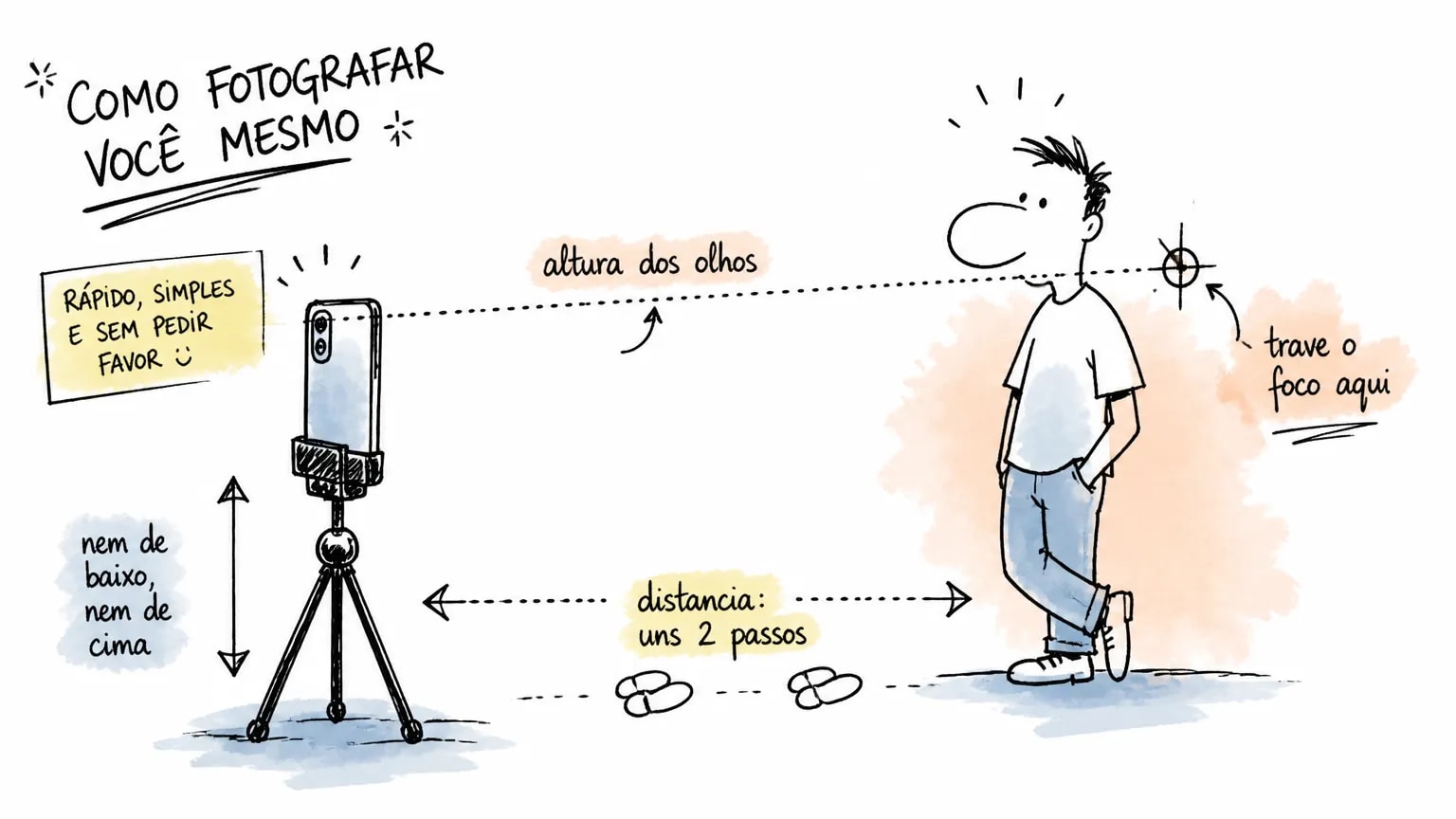 Diagrama de como montar o celular para tirar foto sozinho: câmera na altura dos olhos, a uns dois passos, com o foco travado no rosto