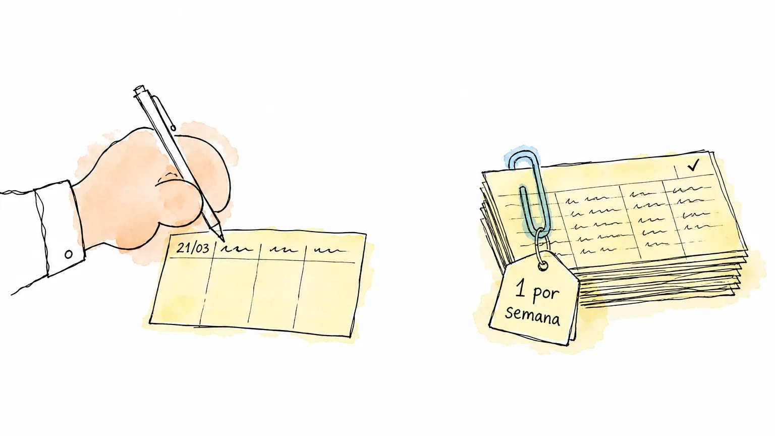 Ilustração de uma mão preenchendo a ficha de 21/03 ao lado de uma pilha de fichas presas por clipe com a etiqueta "1 por semana": o diário de evidências.
