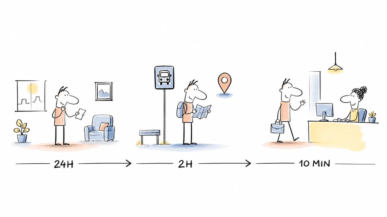 Linha do tempo ilustrada de preparação para entrevista presencial, da casa à recepção