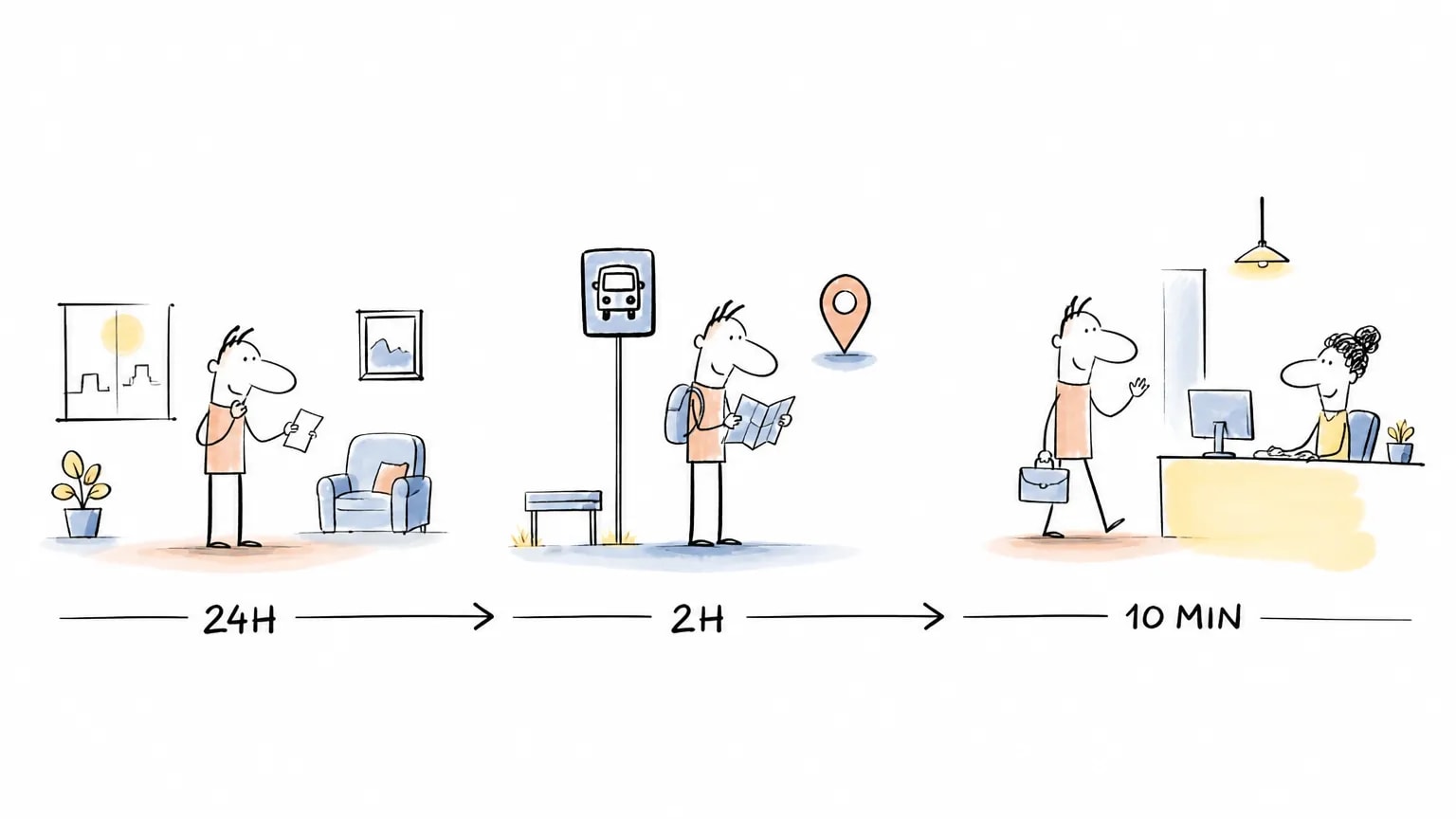 Linha do tempo ilustrada de preparação para entrevista presencial, da casa à recepção