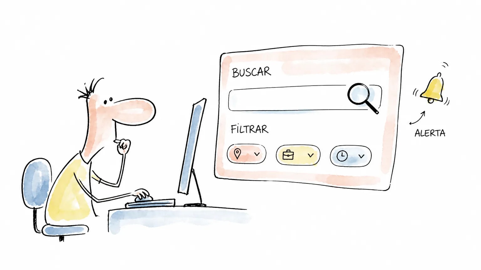 Pessoa pesquisando vagas em painel com filtros e alerta