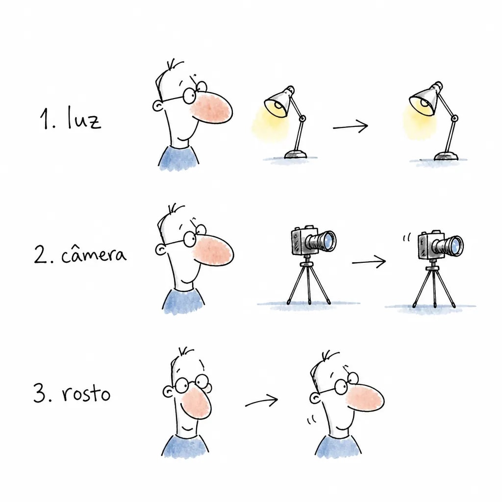 Diagrama de três passos: mover luz, câmera e rosto para reduzir reflexo nos óculos