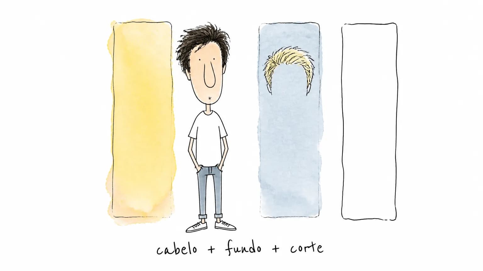 Pessoa diante de três fundos mostrando como cabelo, contraste e corte mudam a leitura do rosto