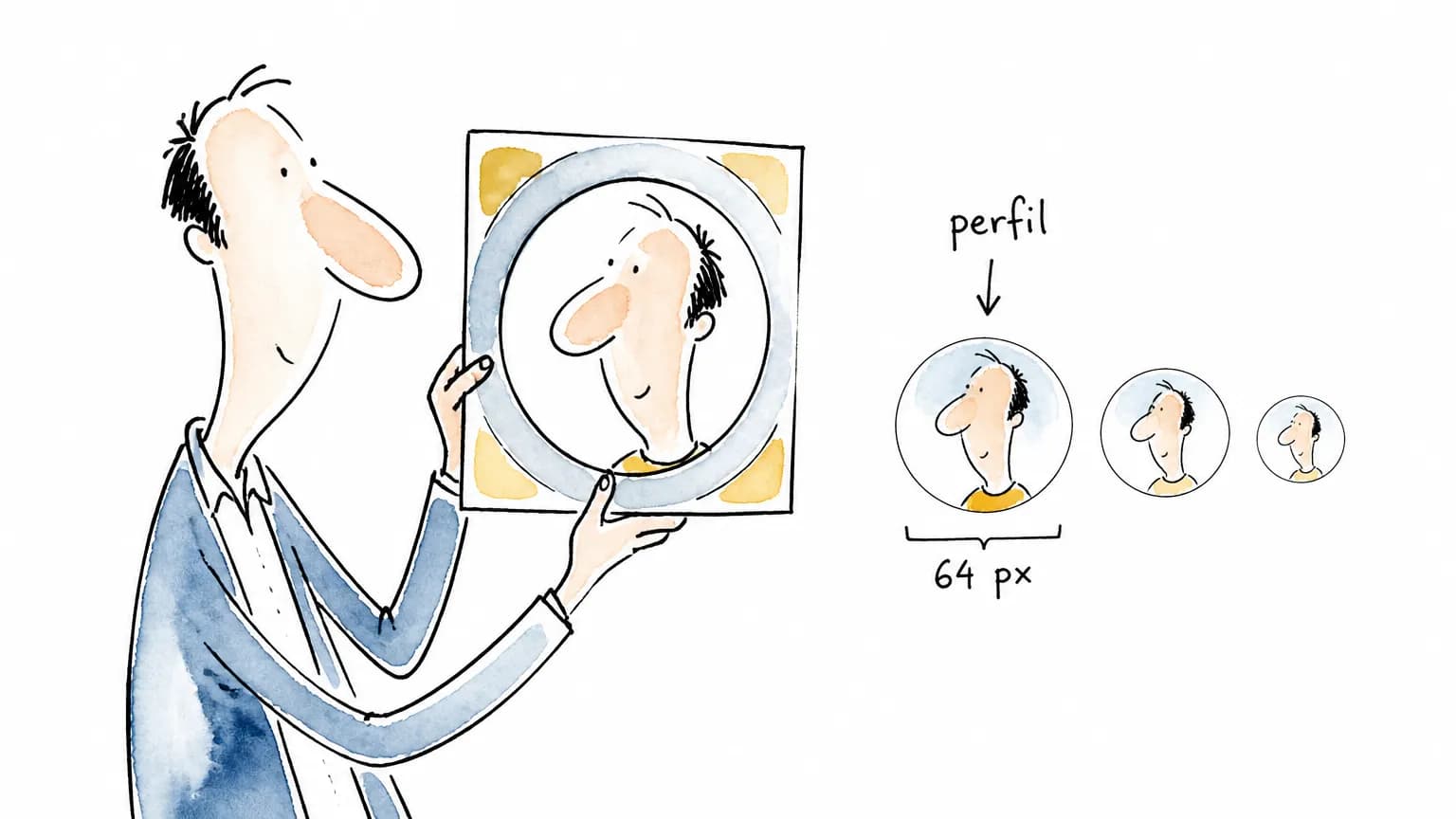 Pessoa segura um retrato quadrado com molde circular e três avatares menores ao lado