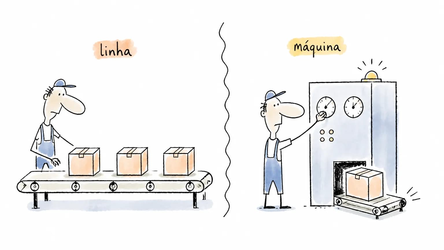 Ilustração compara uma linha de produção e o painel de uma máquina industrial