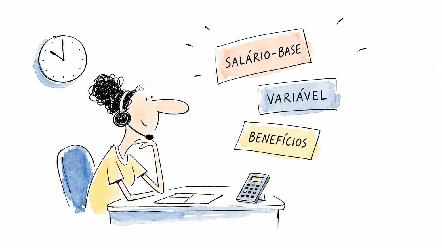 Operadora de telemarketing analisa cartões de salário-base, variável e benefícios