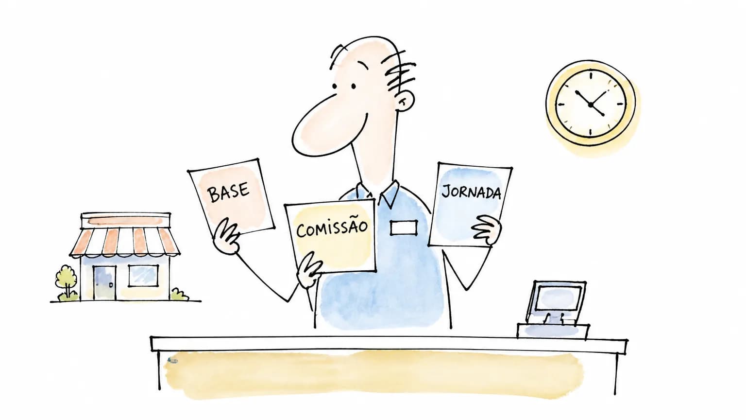 Ilustração de gerente de loja comparando salário-base, comissão e jornada