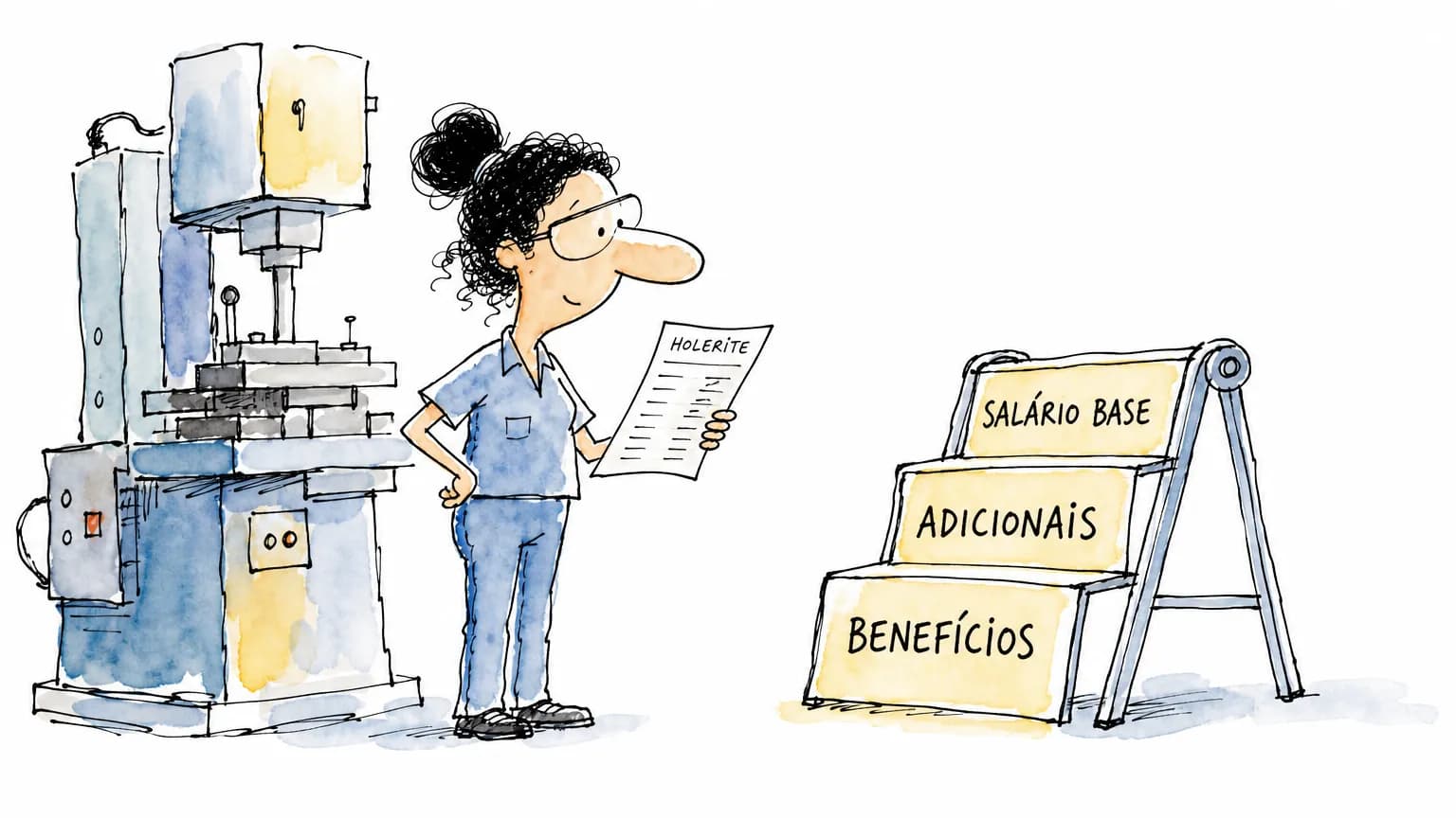 Operadora diante de máquina industrial compara salário-base, adicionais e benefícios