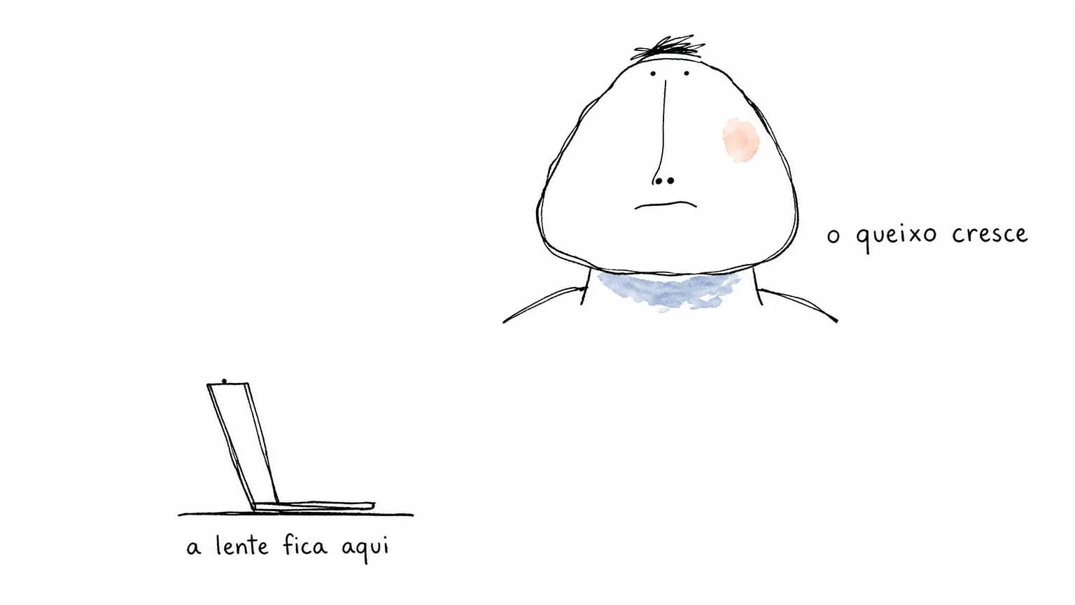 Rosto desenhado visto de baixo, com o queixo largo e a testa estreita, e um notebook pequeno cuja lente fica bem abaixo da linha dos ombros.