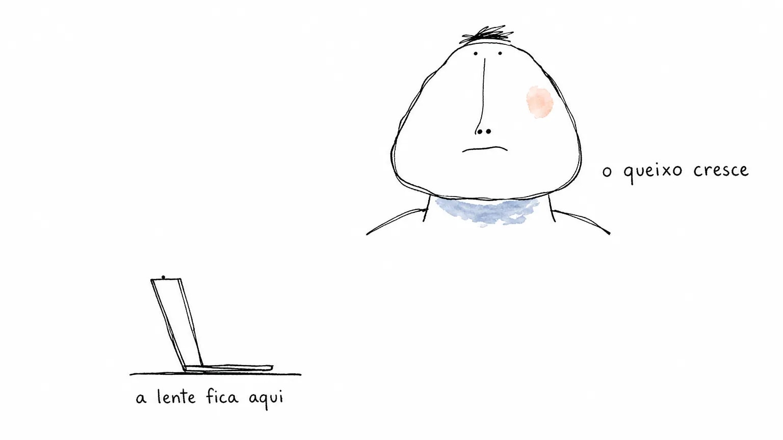 Rosto desenhado visto de baixo, com o queixo largo e a testa estreita, e um notebook pequeno cuja lente fica bem abaixo da linha dos ombros.