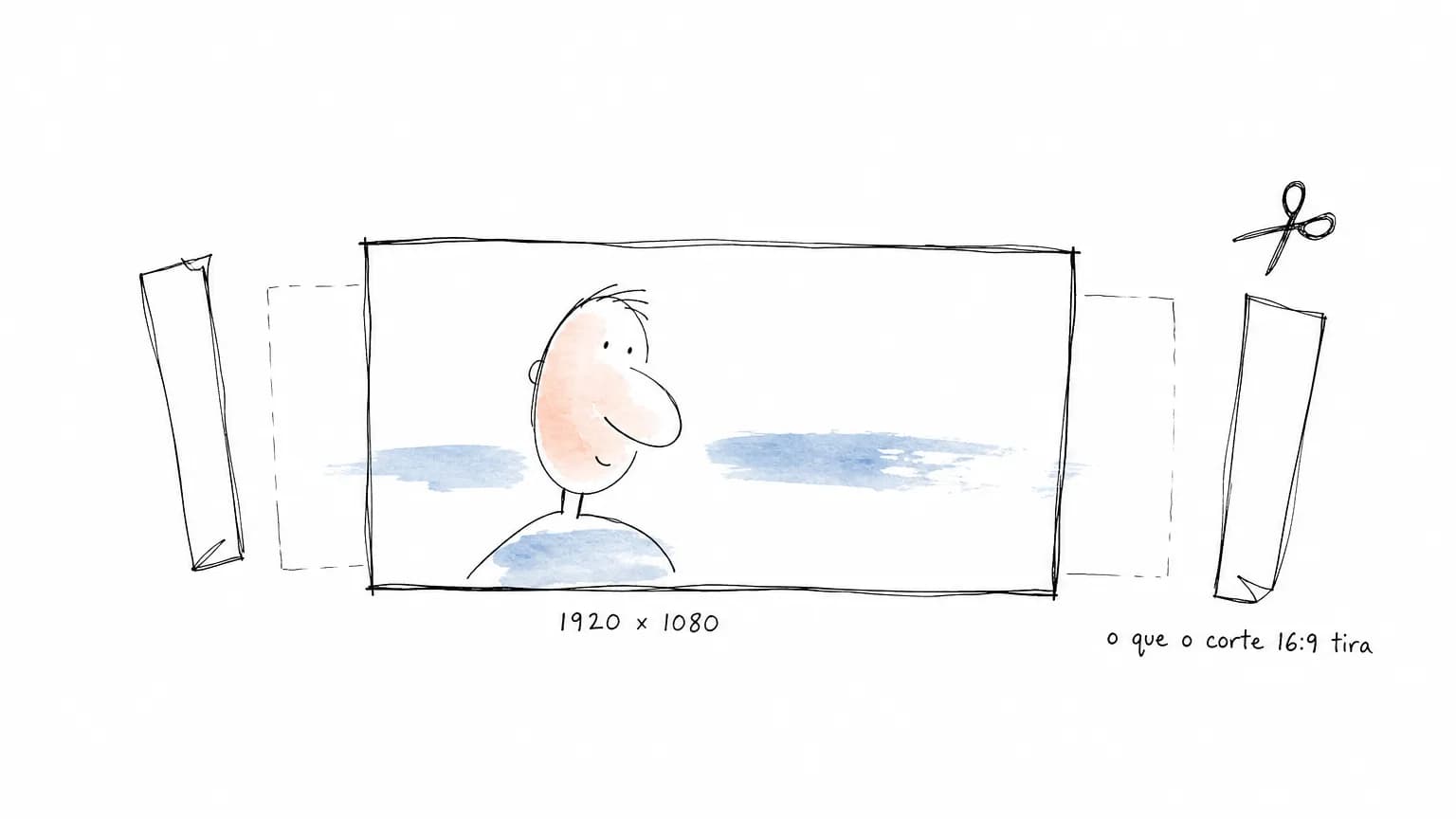 Retângulo rotulado 1920 x 1080 com um rosto dentro; de um contorno mais largo atrás dele soltam-se duas lascas, uma marcada como o que o corte 16:9 tira.