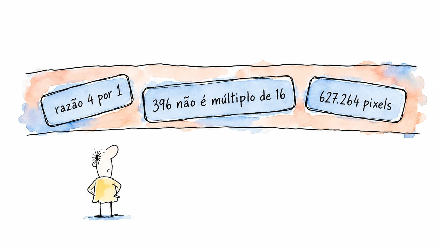 Faixa larga de capa com três carimbos de recusa por cima: razão 4 por 1, 396 não é múltiplo de 16 e 627.264 pixels, sob o olhar de um personagem