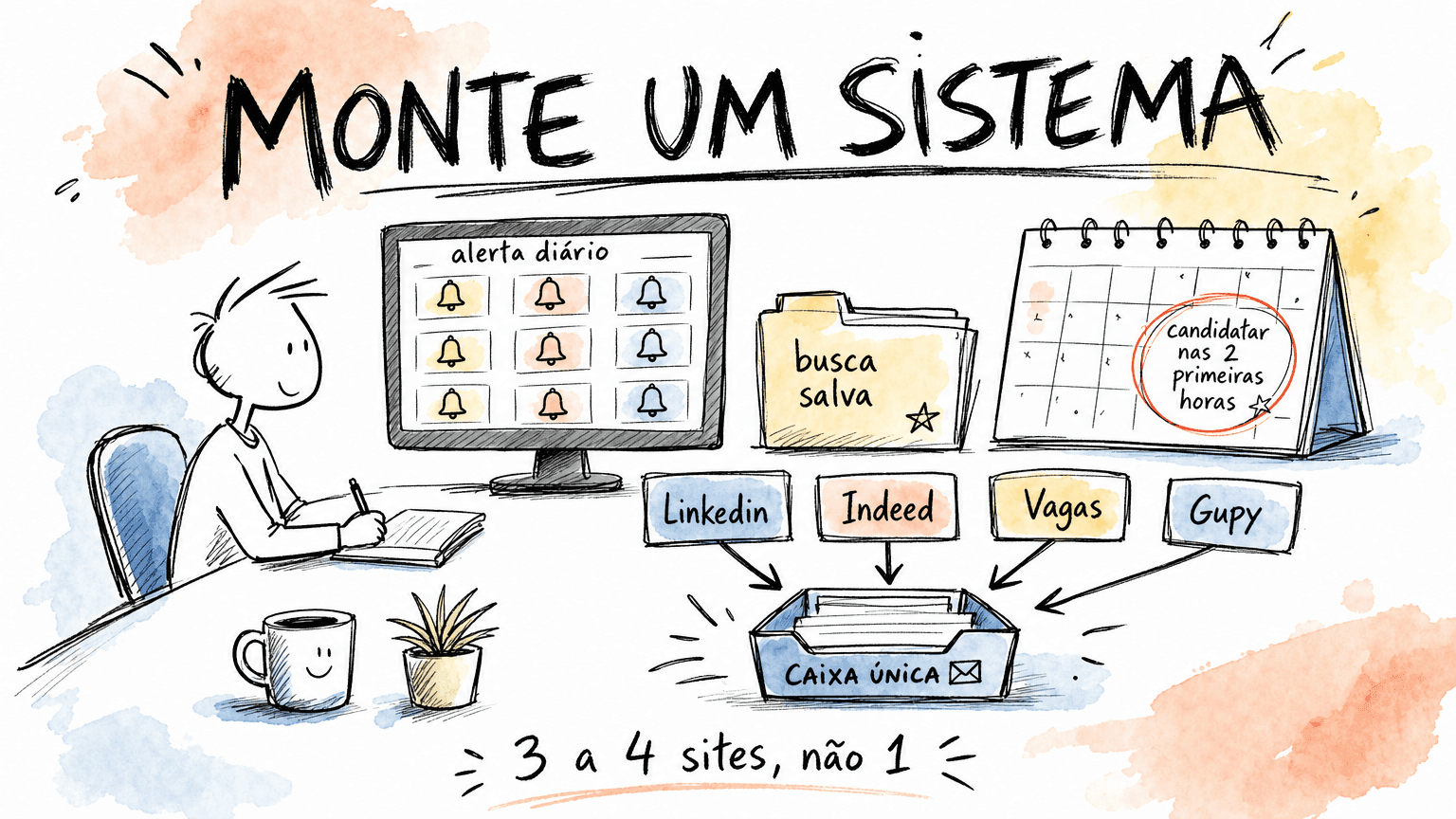 Doodle Red Bull em pt-BR de um sistema de busca de emprego: alertas diários, buscas salvas e candidatura nas primeiras horas em 3 a 4 plataformas, não em uma só.