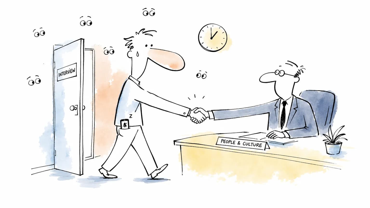 Cartoon de candidato entrando na sala de entrevista e cumprimentando o recrutador, observado por vários olhos, postura ereta e celular silenciado