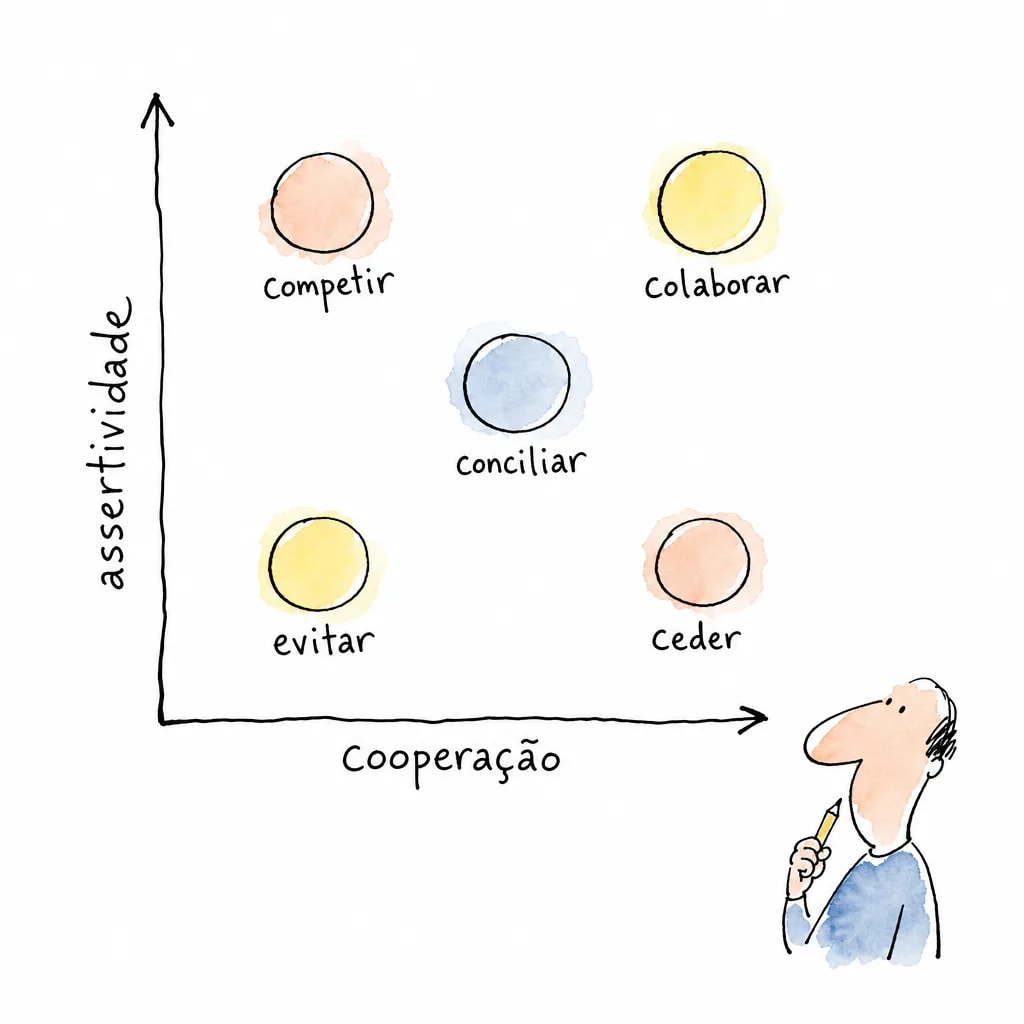 Diagrama com os eixos cooperação e assertividade e os cinco estilos de conflito: competir, colaborar, conciliar, evitar e ceder.