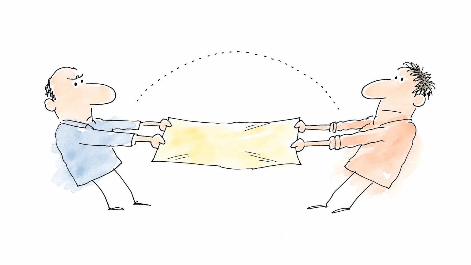Ilustração de duas pessoas puxando as pontas da mesma folha de papel, com uma linha pontilhada em arco ligando as duas por cima da folha.