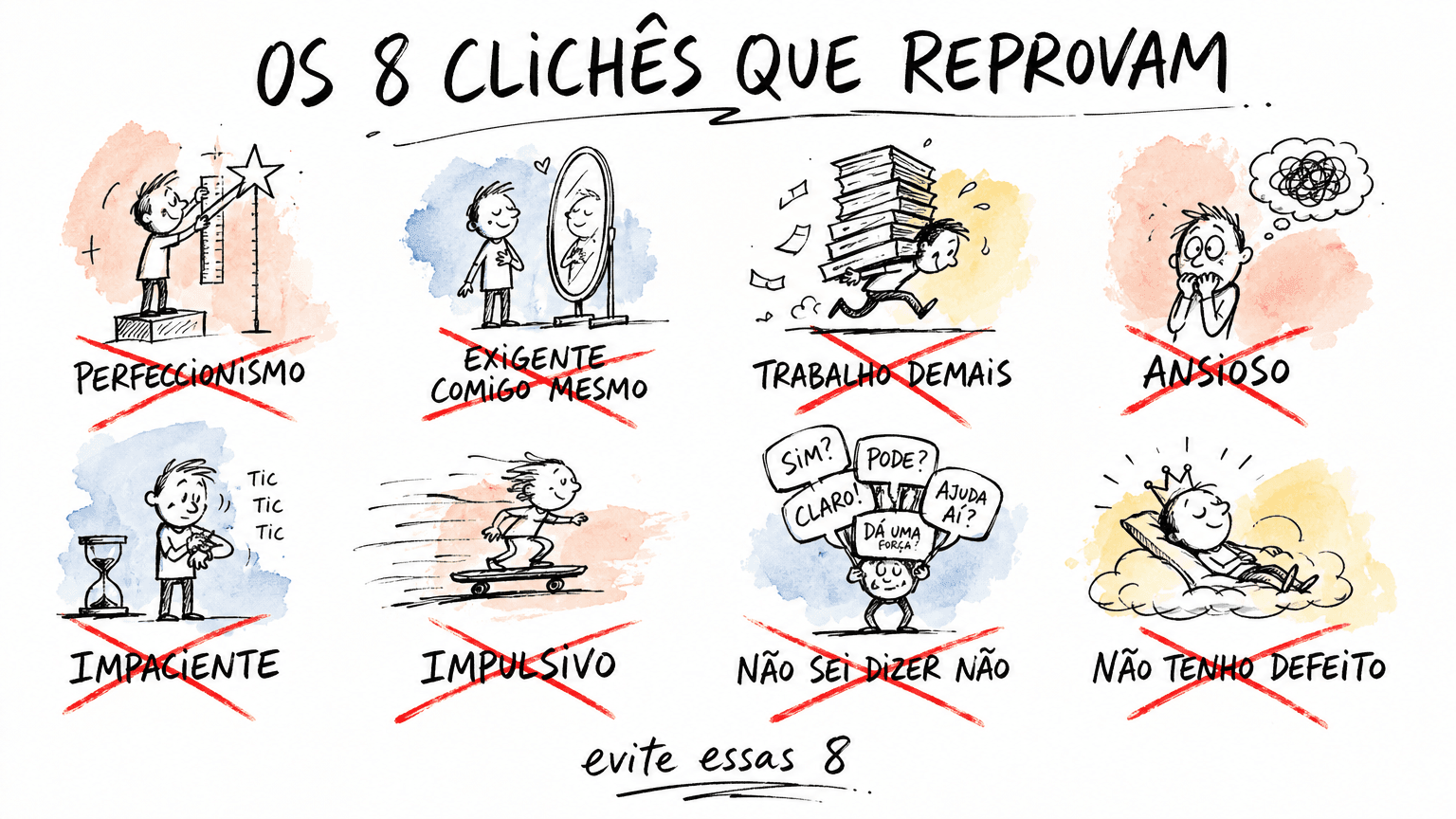 Sketchbook Red Bull em pt-BR com os 8 clichês de defeito que reprovam na entrevista de emprego: perfeccionismo, exigente, trabalho demais, ansioso, impaciente, impulsivo, não sei dizer não e não tenho defeito.