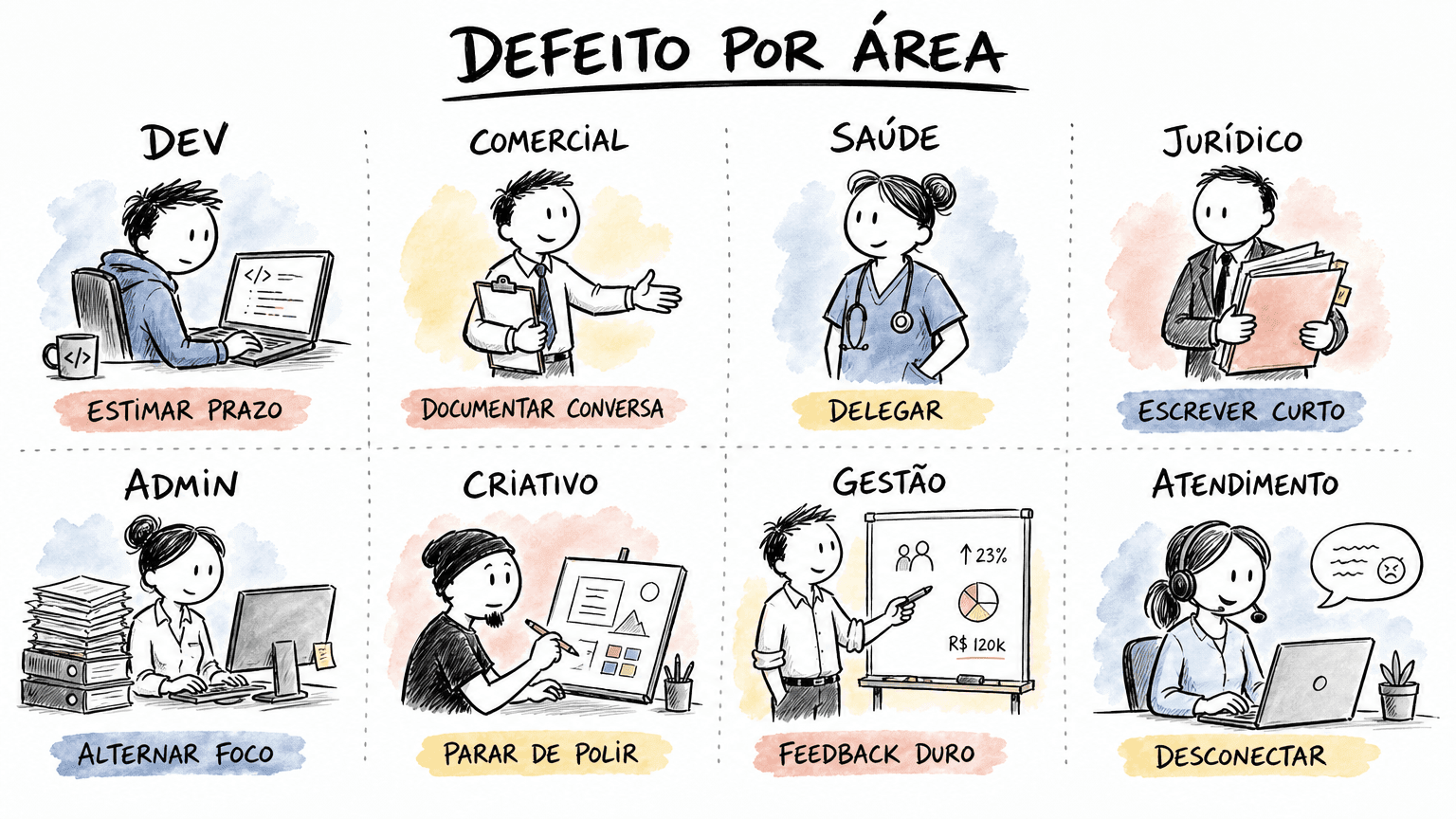 Sketchbook Red Bull em pt-BR com defeito típico por área BR: dev estimar prazo, comercial documentar, saúde delegar, jurídico escrever curto, admin alternar foco, criativo polir, gestão feedback duro, atendimento desconectar.