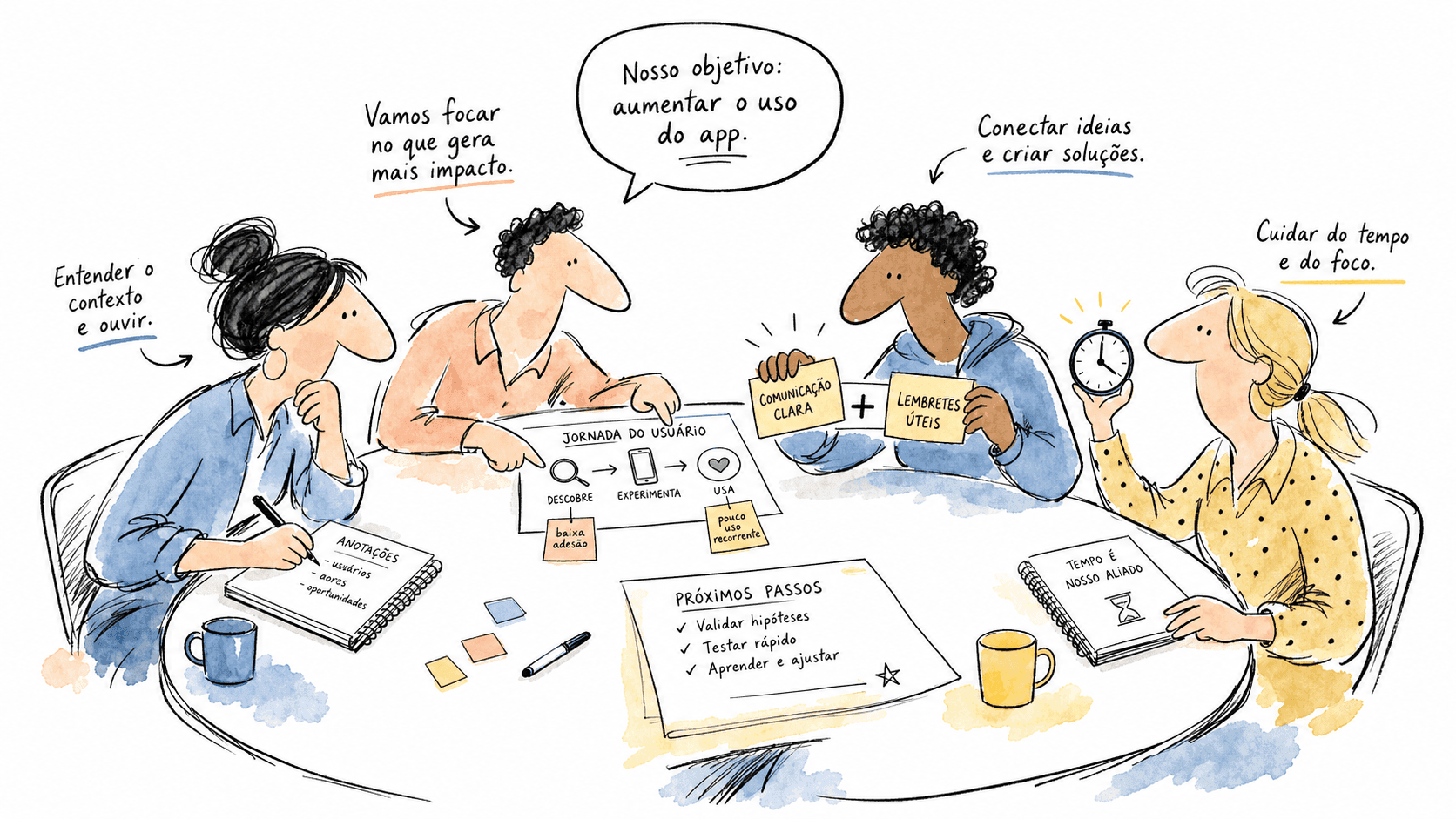 Ilustração de candidatos resolvendo um caso juntos em dinâmica de grupo