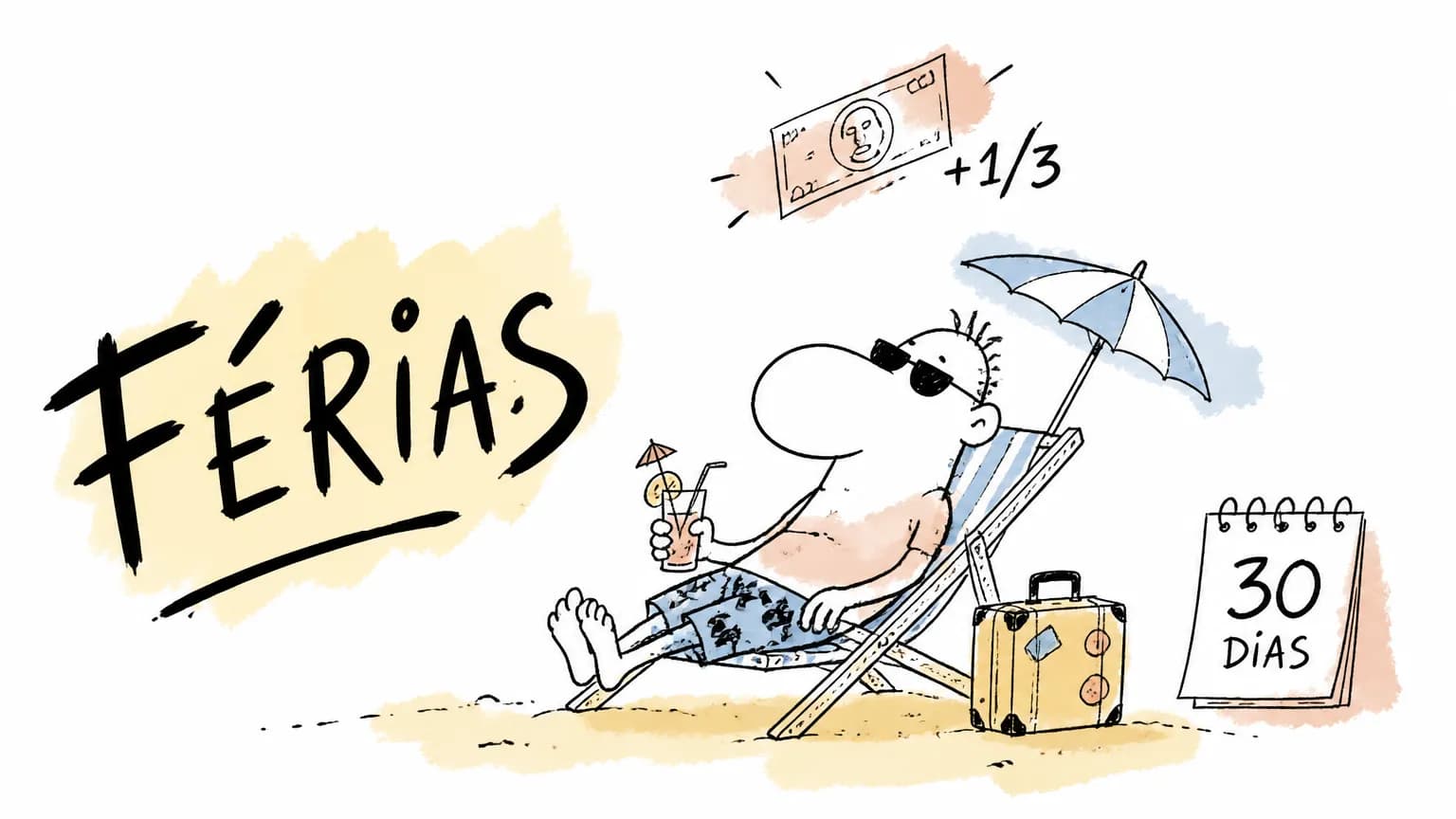 Doodle de trabalhador descansando na praia com mala e um terço a mais de dinheiro, calendário de 30 dias, alusão às férias CLT.