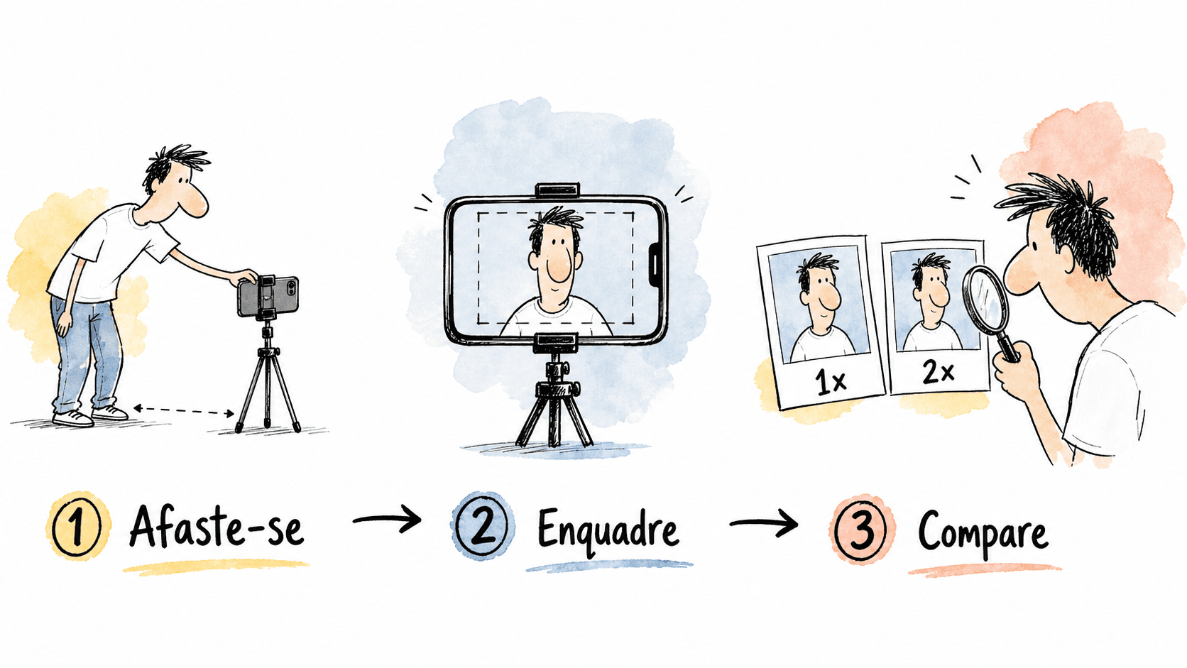 Infográfico mostra o teste de retrato: afastar a câmera, enquadrar e comparar 1x com 2x.