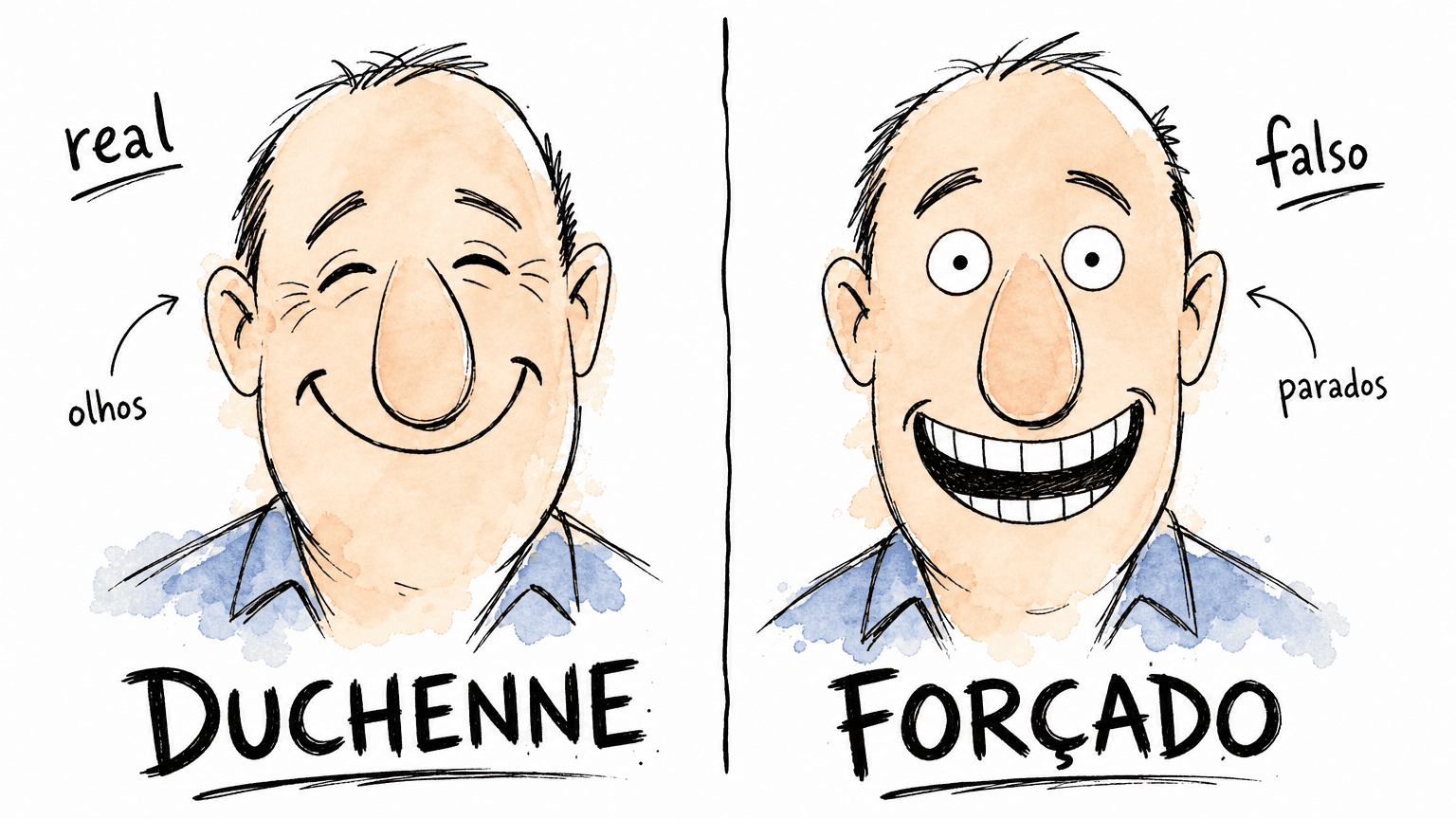 Comparativo cartoon: à esquerda, um rosto com sorriso de Duchenne (genuíno, com pé-de-galinha nos olhos); à direita, um rosto com sorriso forçado (só boca, olhos parados).