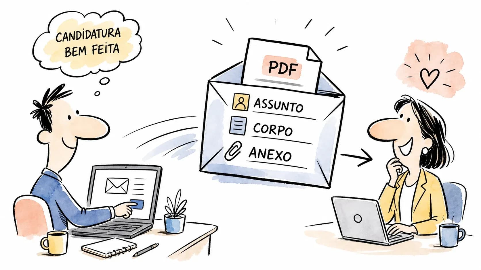 Pessoa enviando e-mail de candidatura com assunto, corpo e anexo organizados
