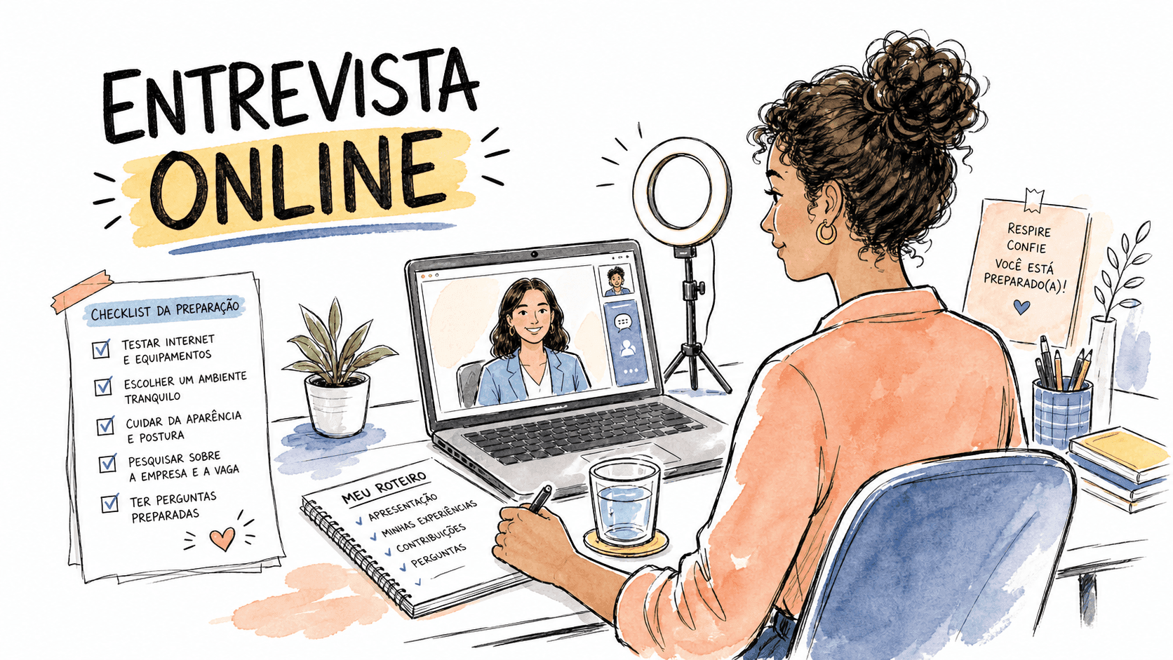 Ilustração de pessoa preparada para entrevista online diante de notebook, checklist e iluminação