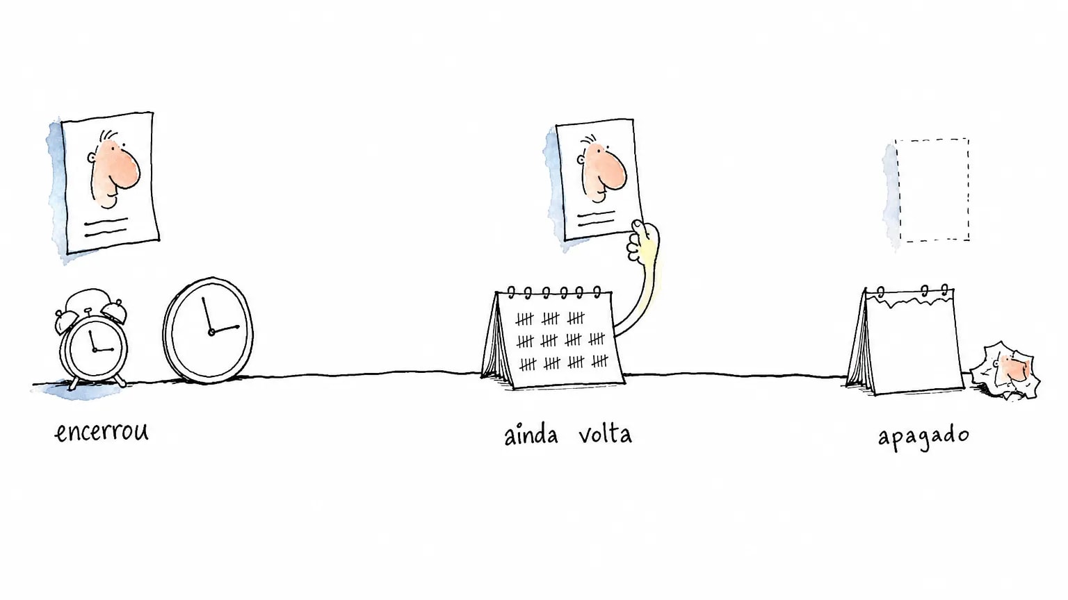 Linha do tempo desenhada: dois relógios juntos em "encerrou", calendário com cartão de perfil puxado de volta em "ainda volta" e cartão vazio em "apagado"