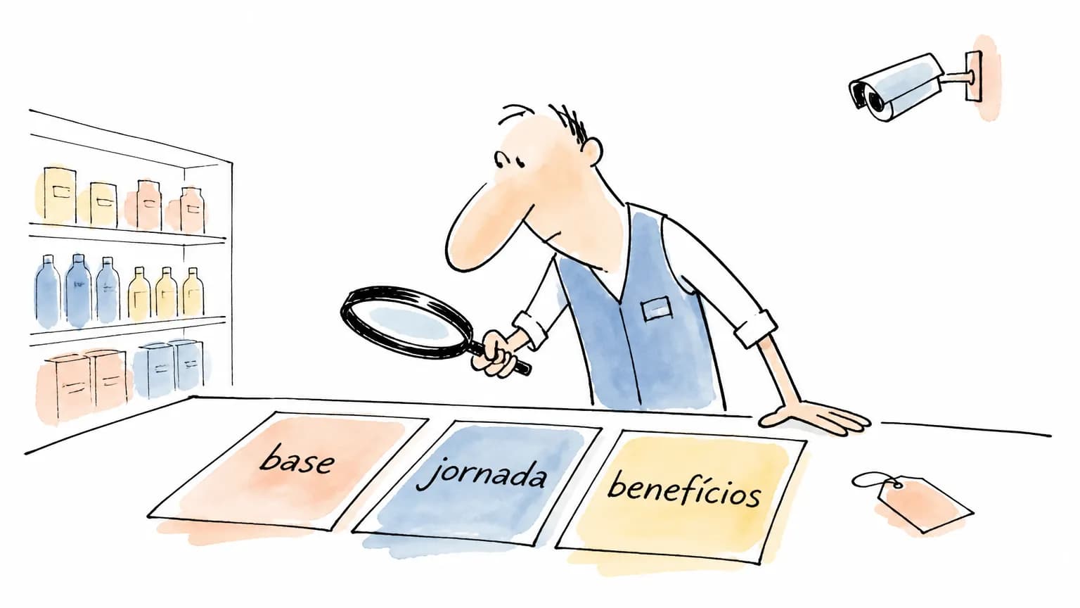Fiscal de prevenção de perdas comparando cartões de salário-base, jornada e benefícios