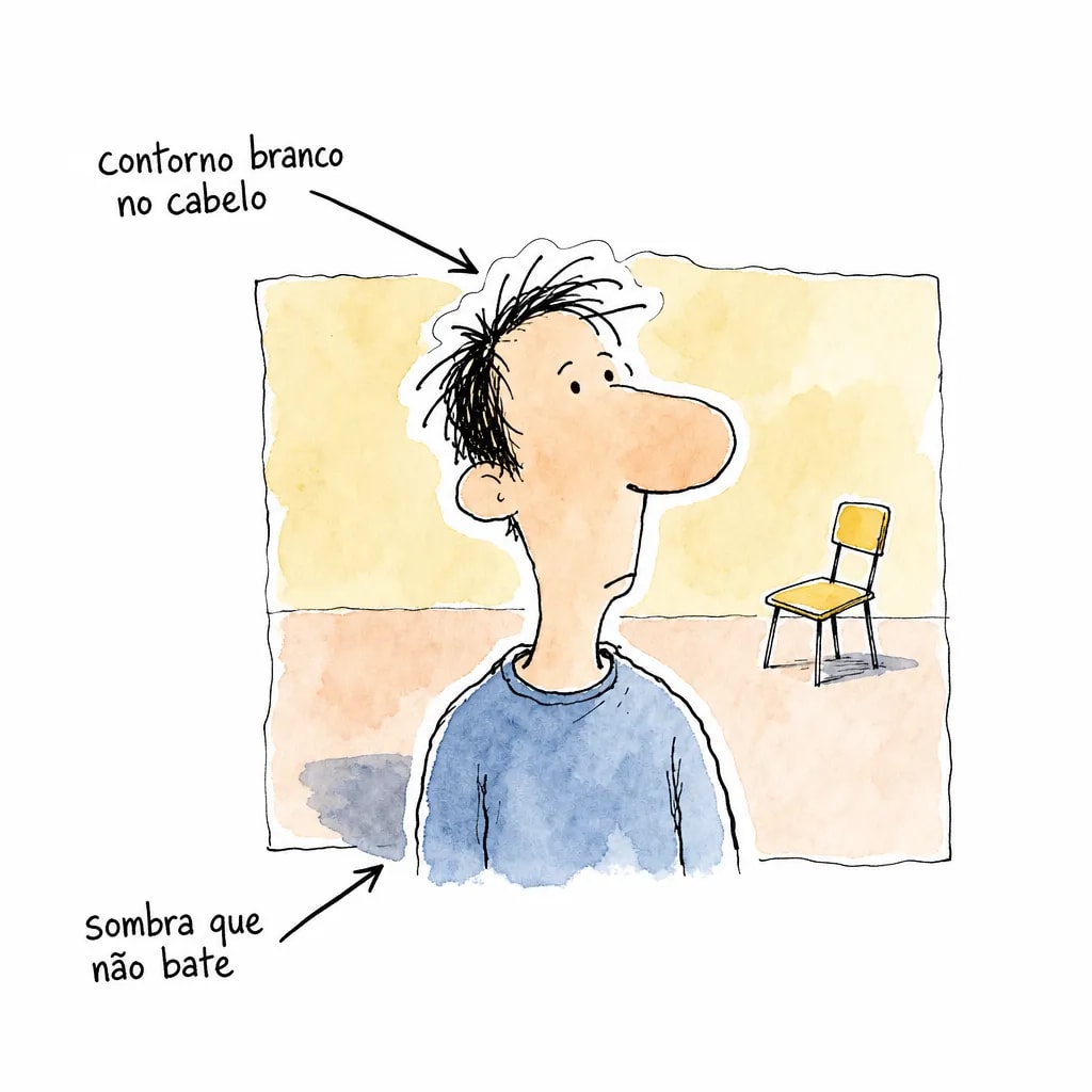 Retrato colado sobre outro fundo, com contorno branco no cabelo e sombra caindo para o lado oposto à da cadeira: os dois defeitos da edição