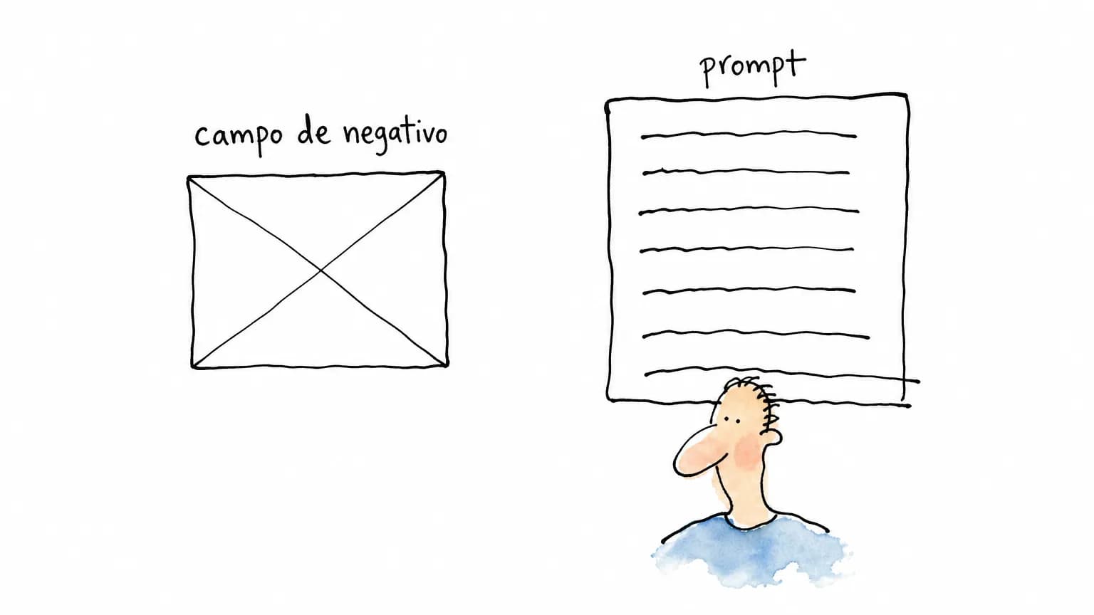 Caixa pequena rotulada campo de negativo, vazia e riscada com um X, ao lado de uma caixa de prompt transbordando de linhas, com um retrato saindo dela.