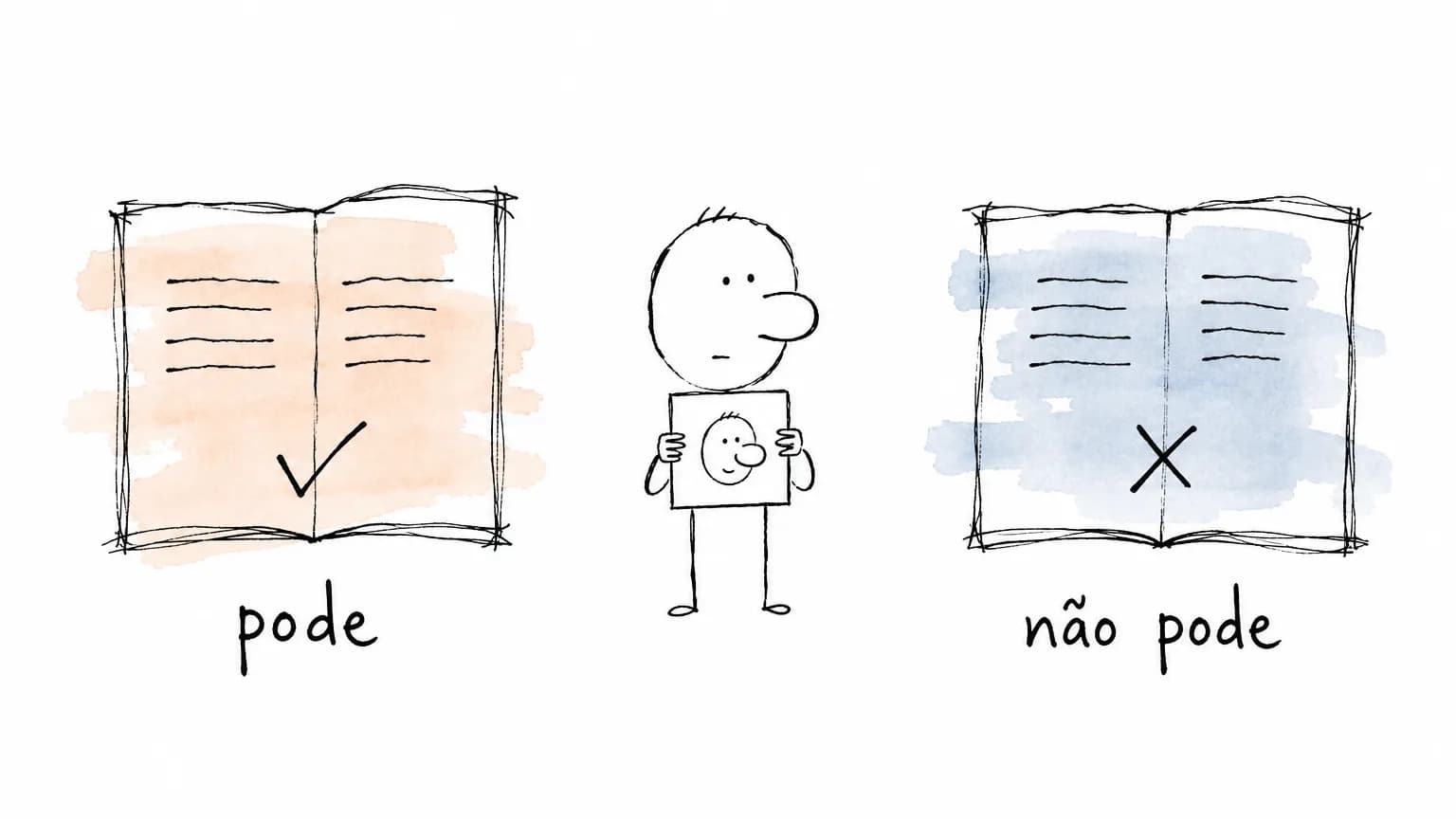 Figura segura um único cartão de retrato entre duas páginas de manual: à esquerda visto e "pode"; à direita X e "não pode".