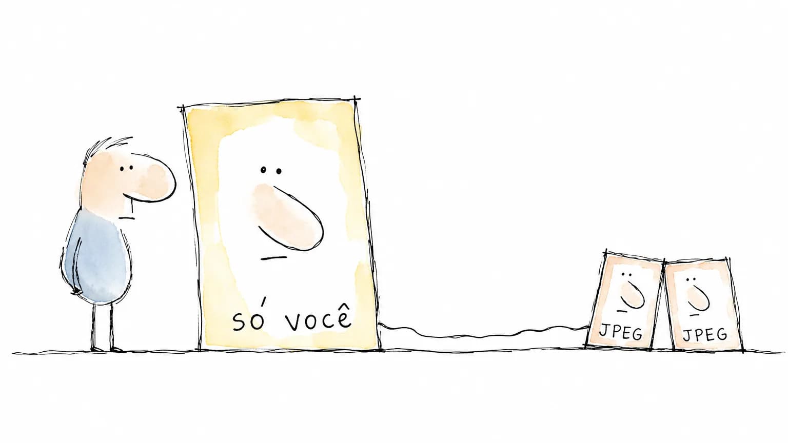 Retrato grande rotulado só você fica ao lado de quem enviou; do outro lado do vazio branco, duas cópias pequenas trazem a palavra JPEG.
