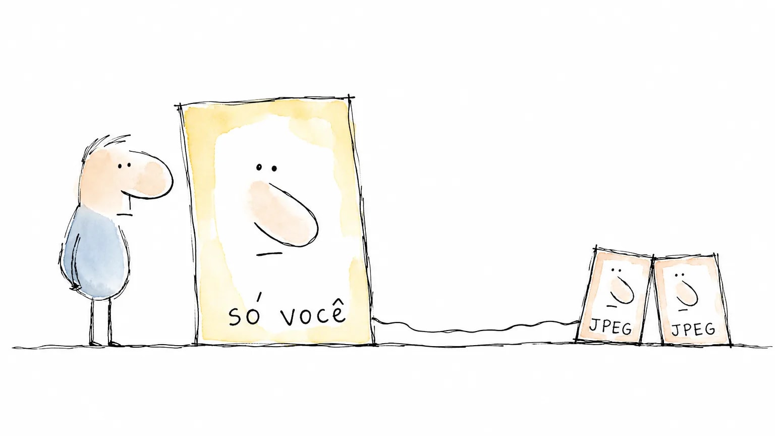 Retrato grande rotulado só você fica ao lado de quem enviou; do outro lado do vazio branco, duas cópias pequenas trazem a palavra JPEG.