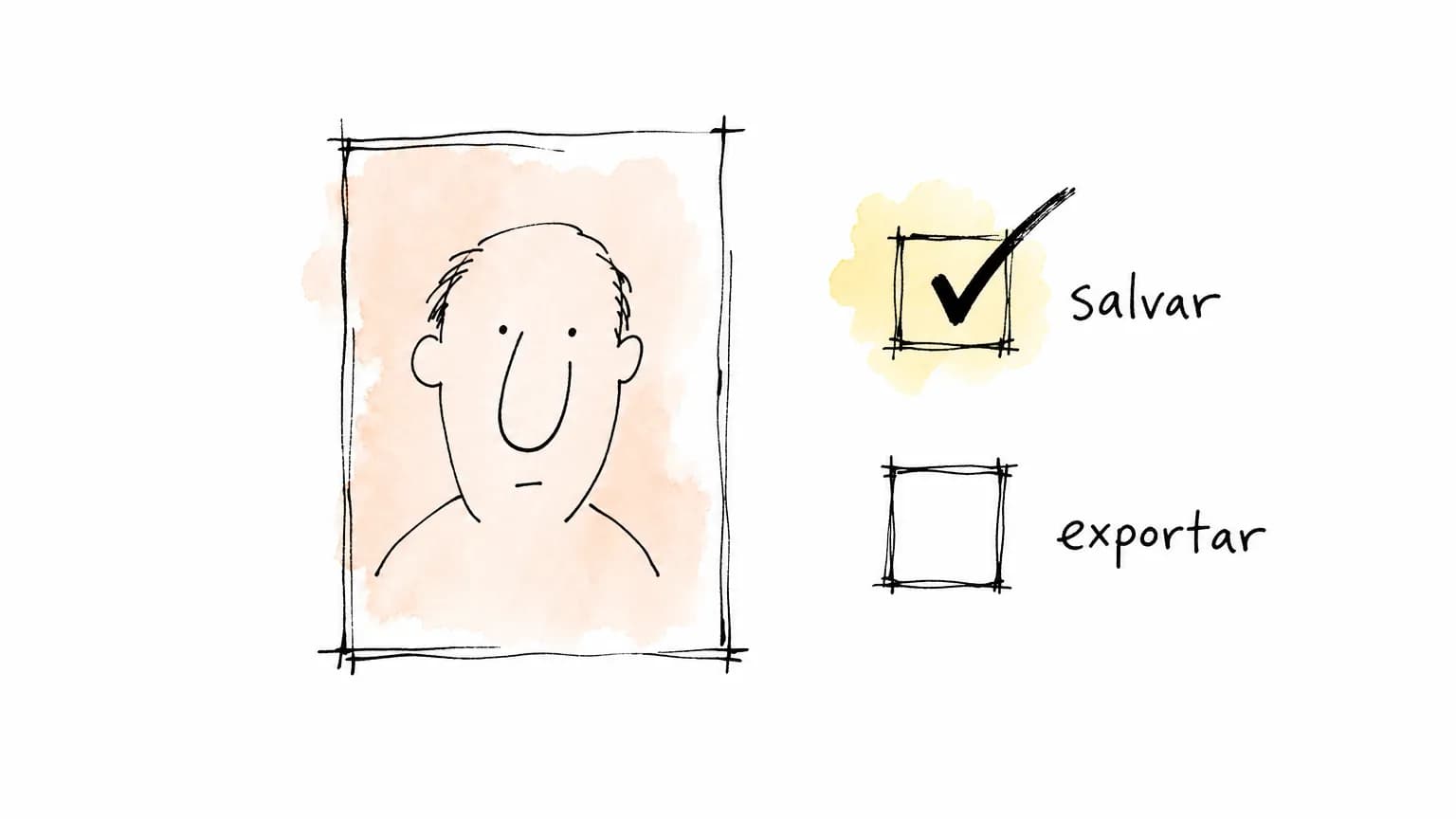 Cartão com retrato de traço solto ao lado de duas caixinhas: a de salvar já vem marcada com um tique pesado e a de exportar continua vazia.