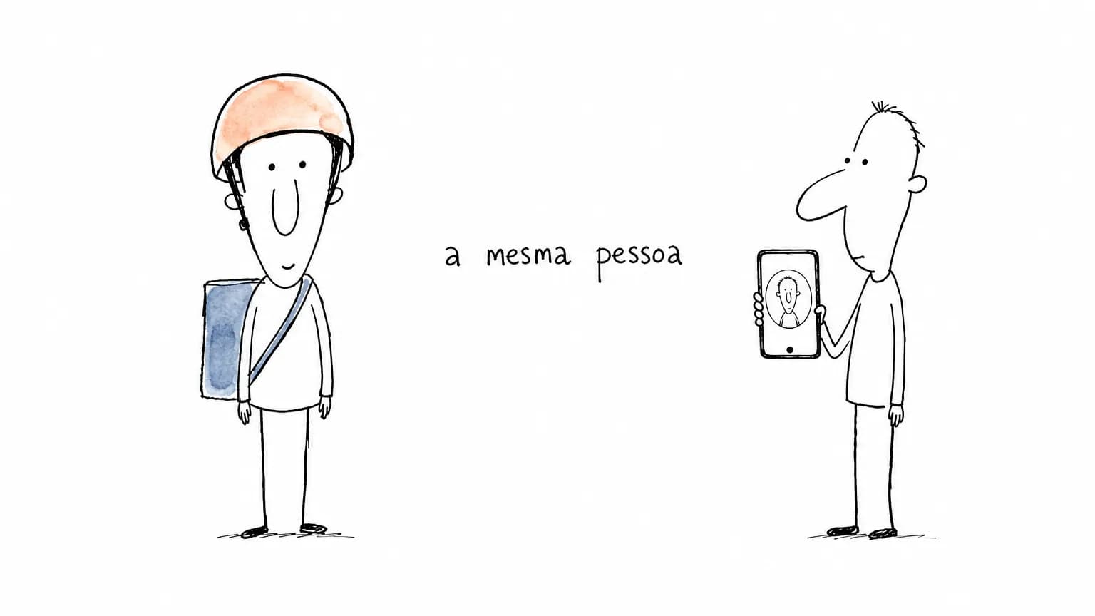 Entregador de capacete e bolsa de um lado; do outro, quem recebe segura o celular com a foto do perfil na tela, sob o rótulo “a mesma pessoa”