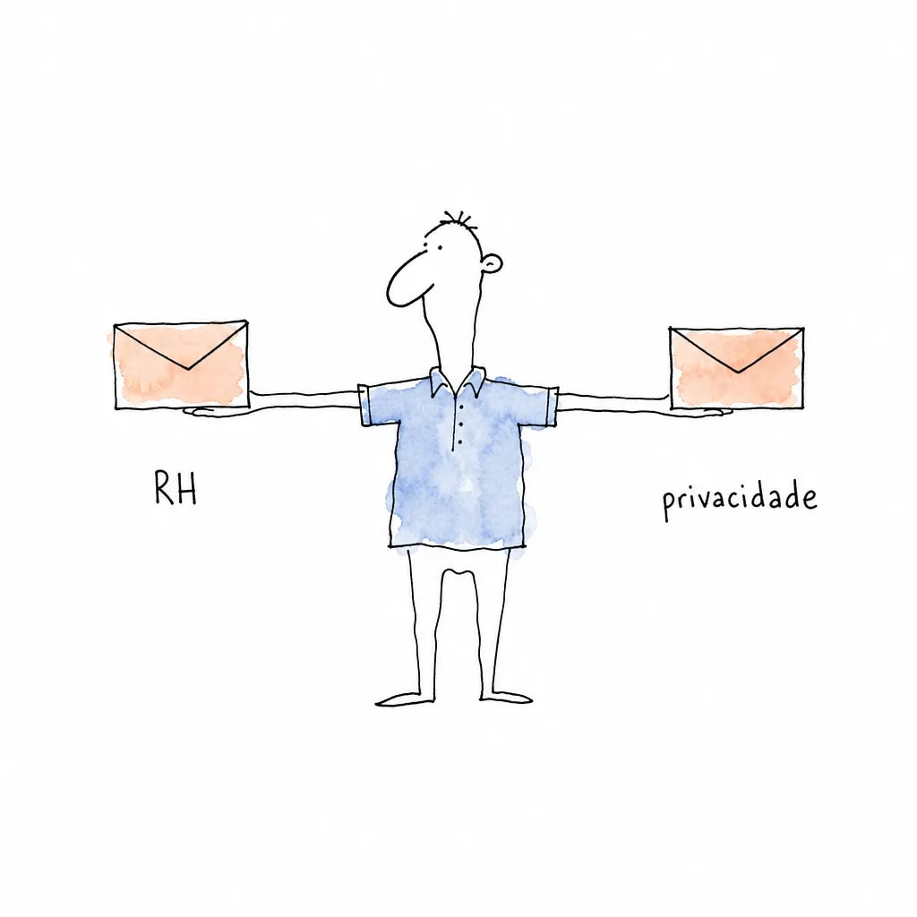Figura de braços abertos com um envelope fechado em cada mão, rotulados "RH" e "privacidade": o pedido de retirada tem dois destinos.