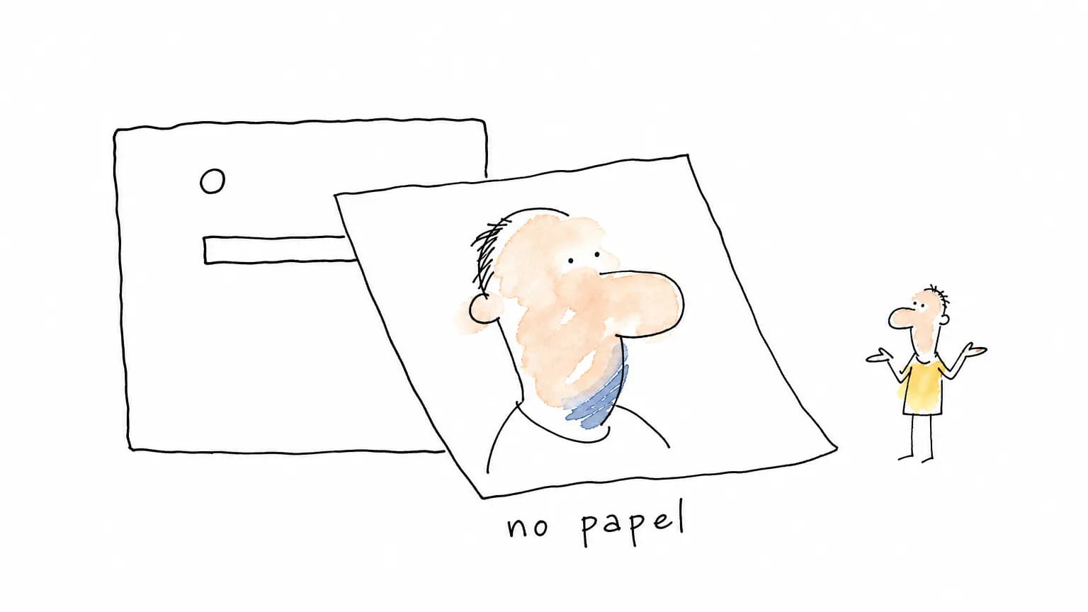 Folha impressa saindo de uma máquina com um retrato cuja sombra sob o queixo virou uma mancha azul sem detalhe, sob o rótulo "no papel".