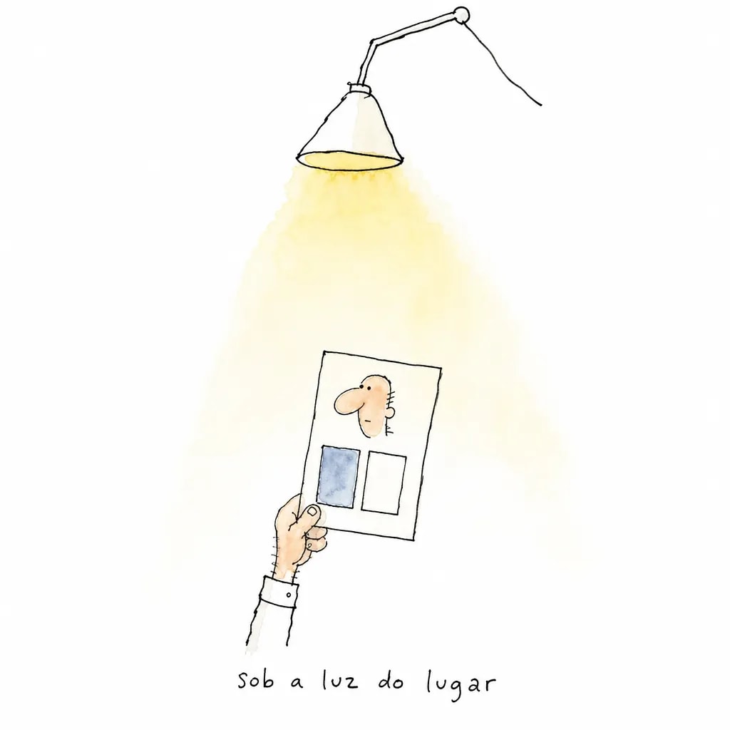 Mão ergue a folha de teste sob a luminária: um rosto, um retângulo escuro do terno e um branco da camisa, sob o rótulo "sob a luz do lugar".