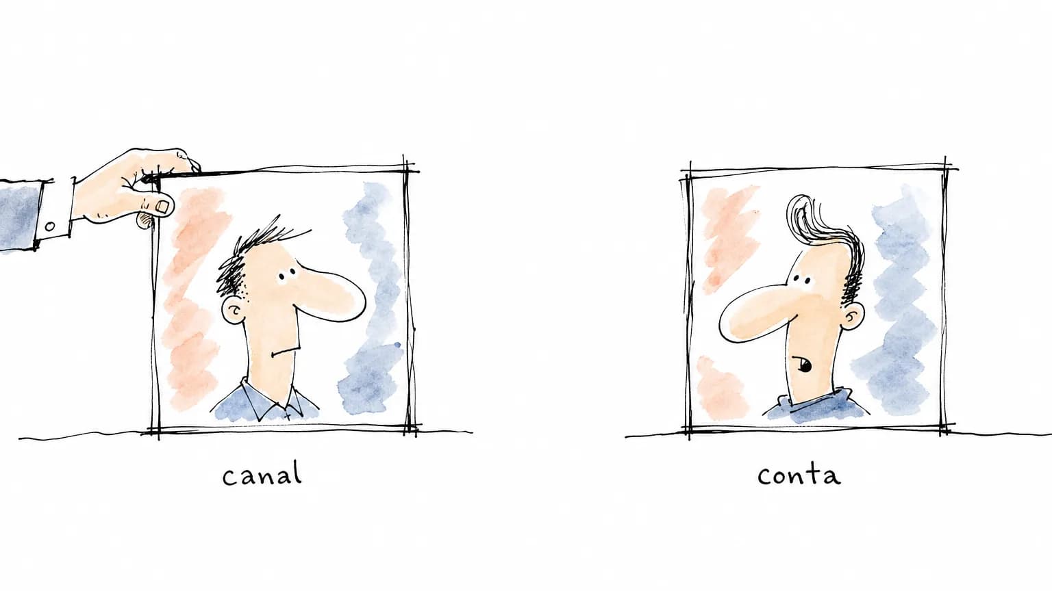 Dois quadros separados com retratos diferentes, sob canal e conta; a mão ainda apoiada só no da esquerda mostra que trocar um não troca o outro.