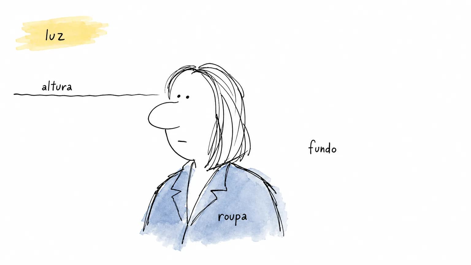 Retrato de traço solto com luz, altura, fundo e roupa escritos em cima de cada parte da cena; só o rosto fica sem rótulo, sem linha e sem cor.
