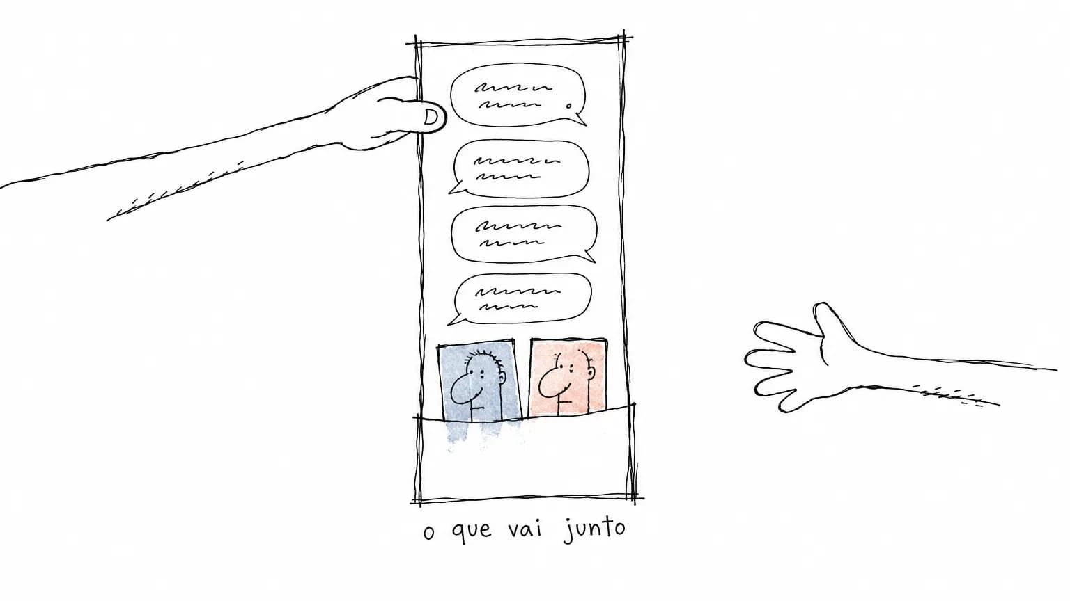 Tira de conversa passando de uma mão para outra, com dois retratinhos meio para fora do bolso na base dela, sob o rótulo “o que vai junto”.