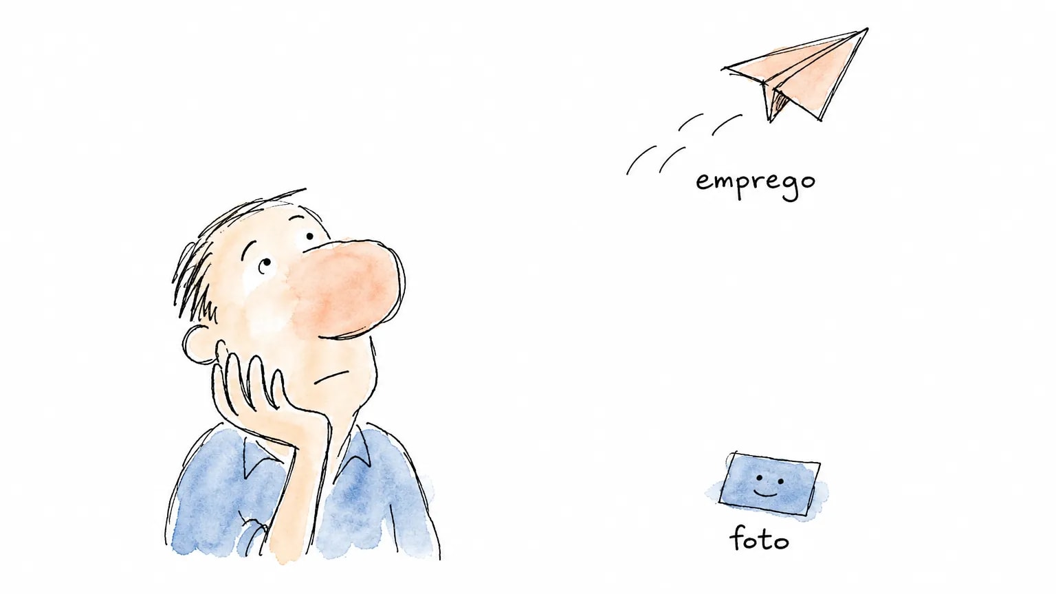 Avião de papel rotulado emprego sobe e sai do quadro; embaixo, o cartão com um rosto rotulado foto segue parado, sem nada saindo dele.
