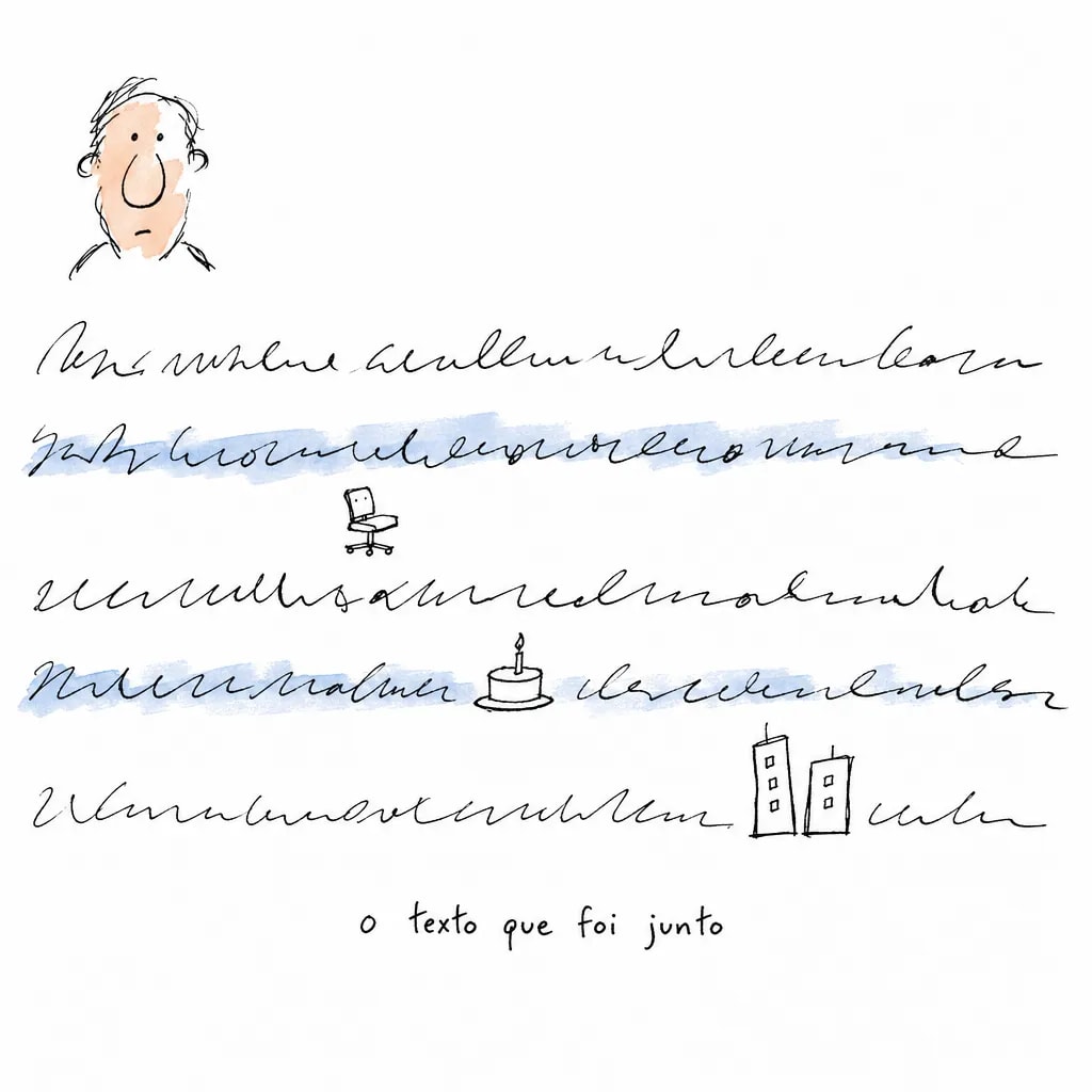 Rostinho doodle no alto e, ocupando o resto da folha, cinco linhas de rabisco com cadeira, bolo e prédios sob “o texto que foi junto”.