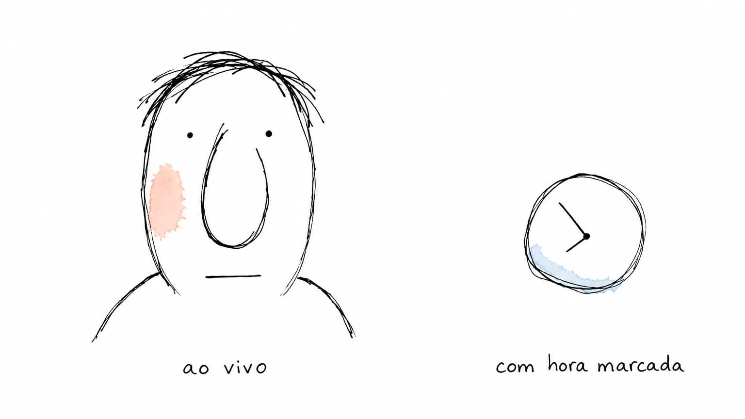Rosto de traço solto olhando de frente sob "ao vivo" e, longe dele, um relógio torto de dois ponteiros sozinho no branco sob "com hora marcada".