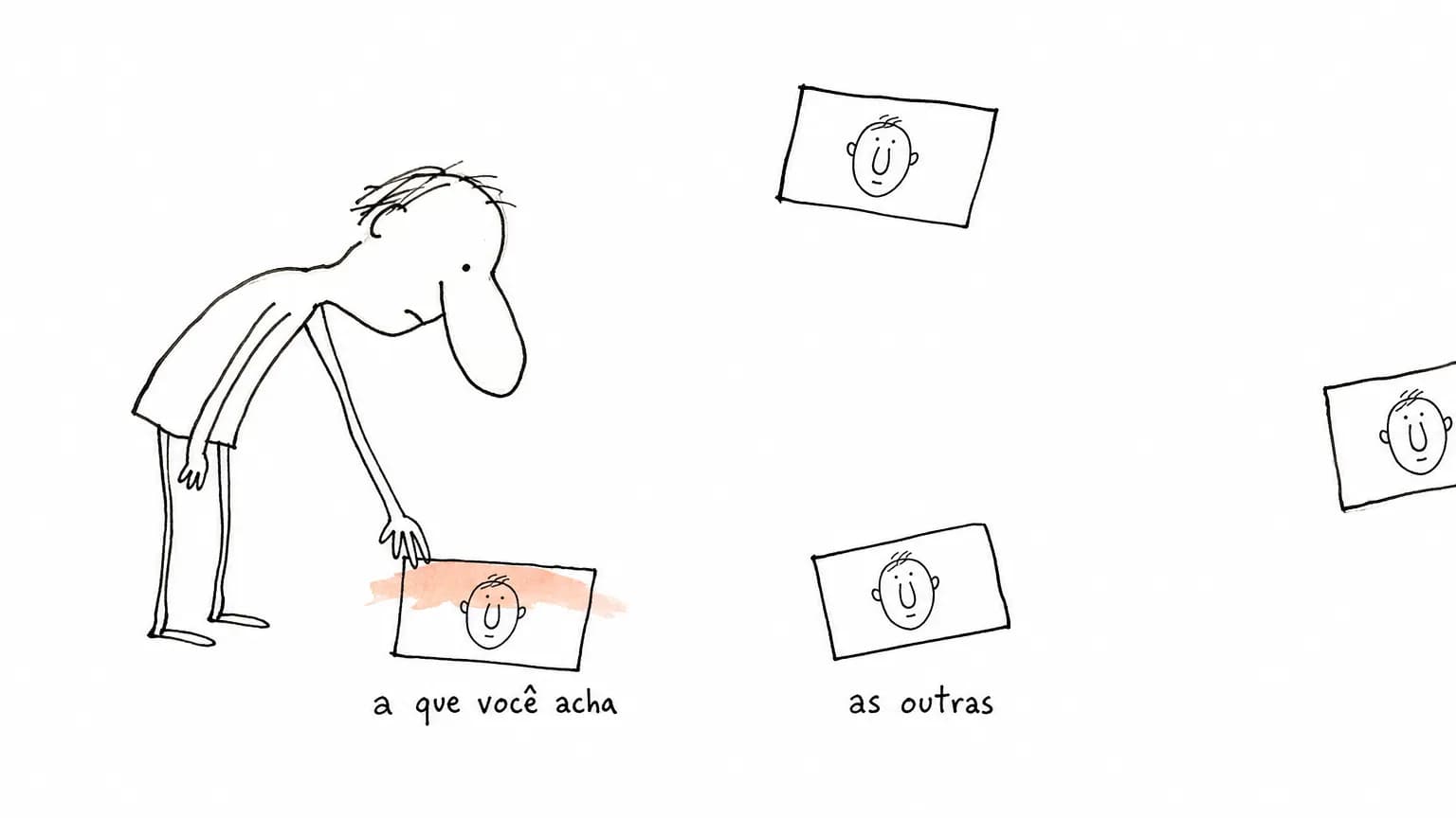 Figura curvada alcança um de quatro cartões com o mesmo rosto, sob o rótulo a que você acha; os outros ficam longe e o último sai pela borda direita.