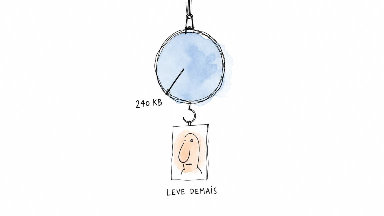 Balança de gancho com o ponteiro caído no fim da escala e um cartão de retrato pendurado, sob 240 KB e LEVE DEMAIS: reprovado por ser leve.