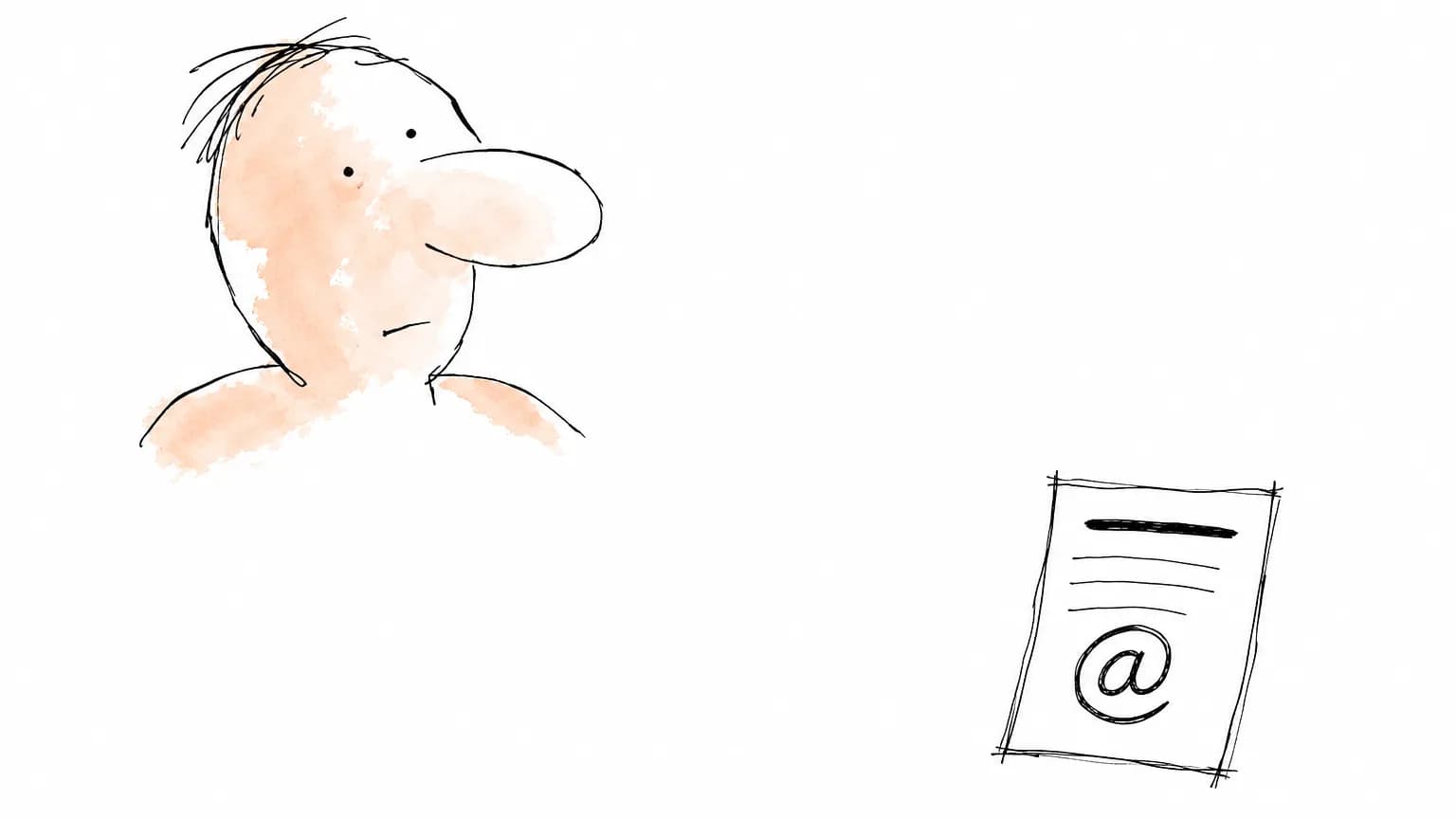 Cabeça-doodle grande de nariz bulboso e, longe dela, uma folha pequena com nome, três linhas e um arroba enorme: o arquivo levou o e-mail, não o rosto.